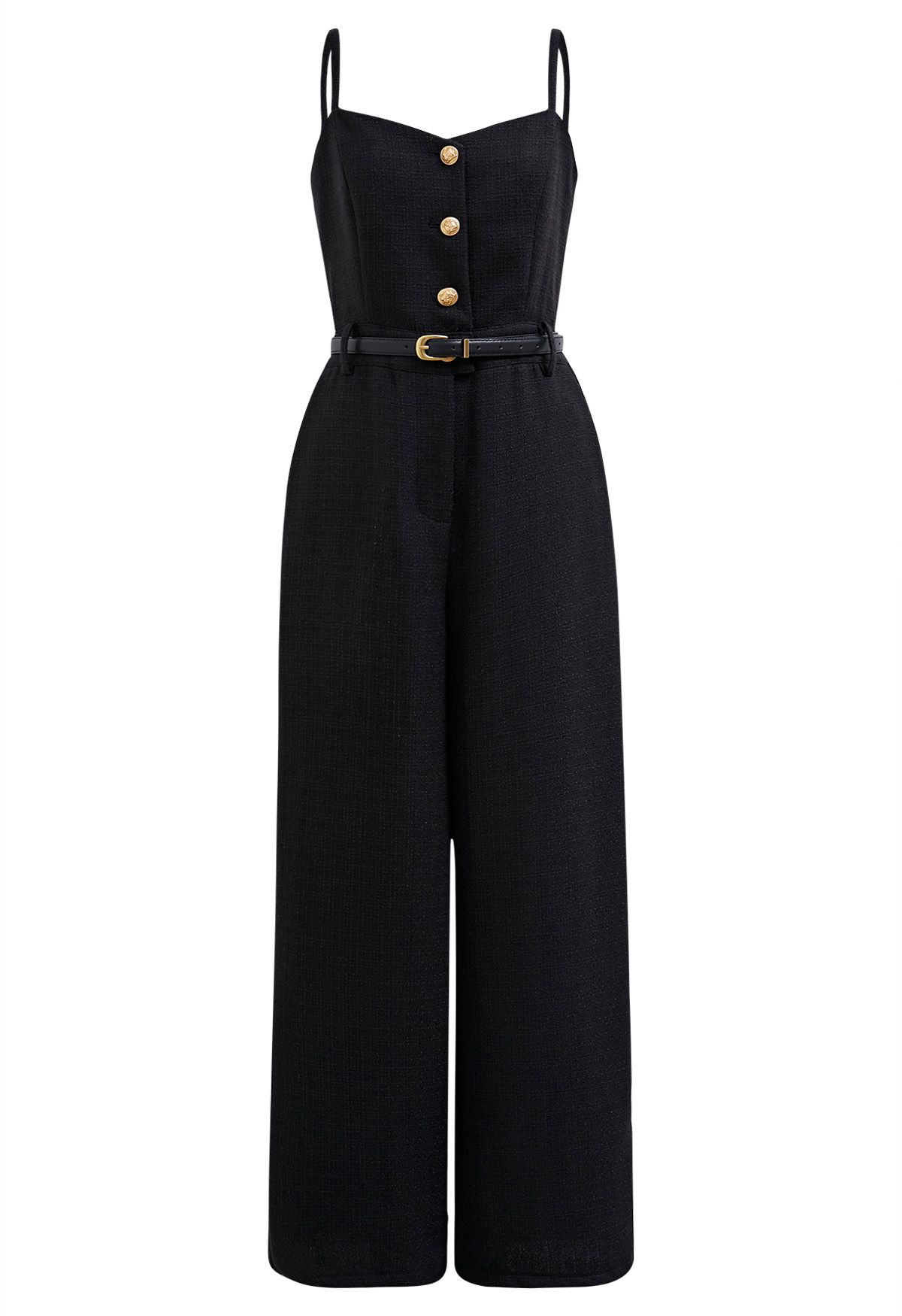 Statement Button Belted Tweed Cami Jumpsuit