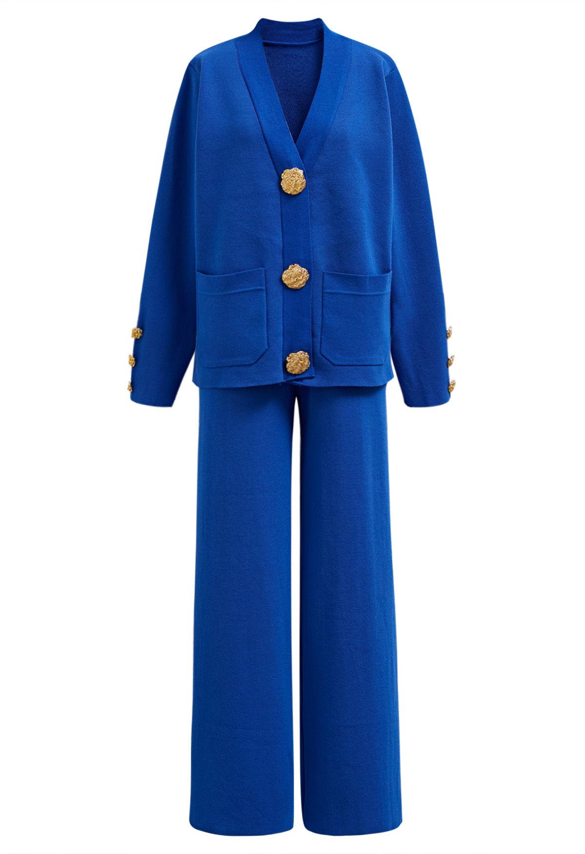 Golden Button Patch Pocket Knit Cardigan and Pants Set in Royal Blue