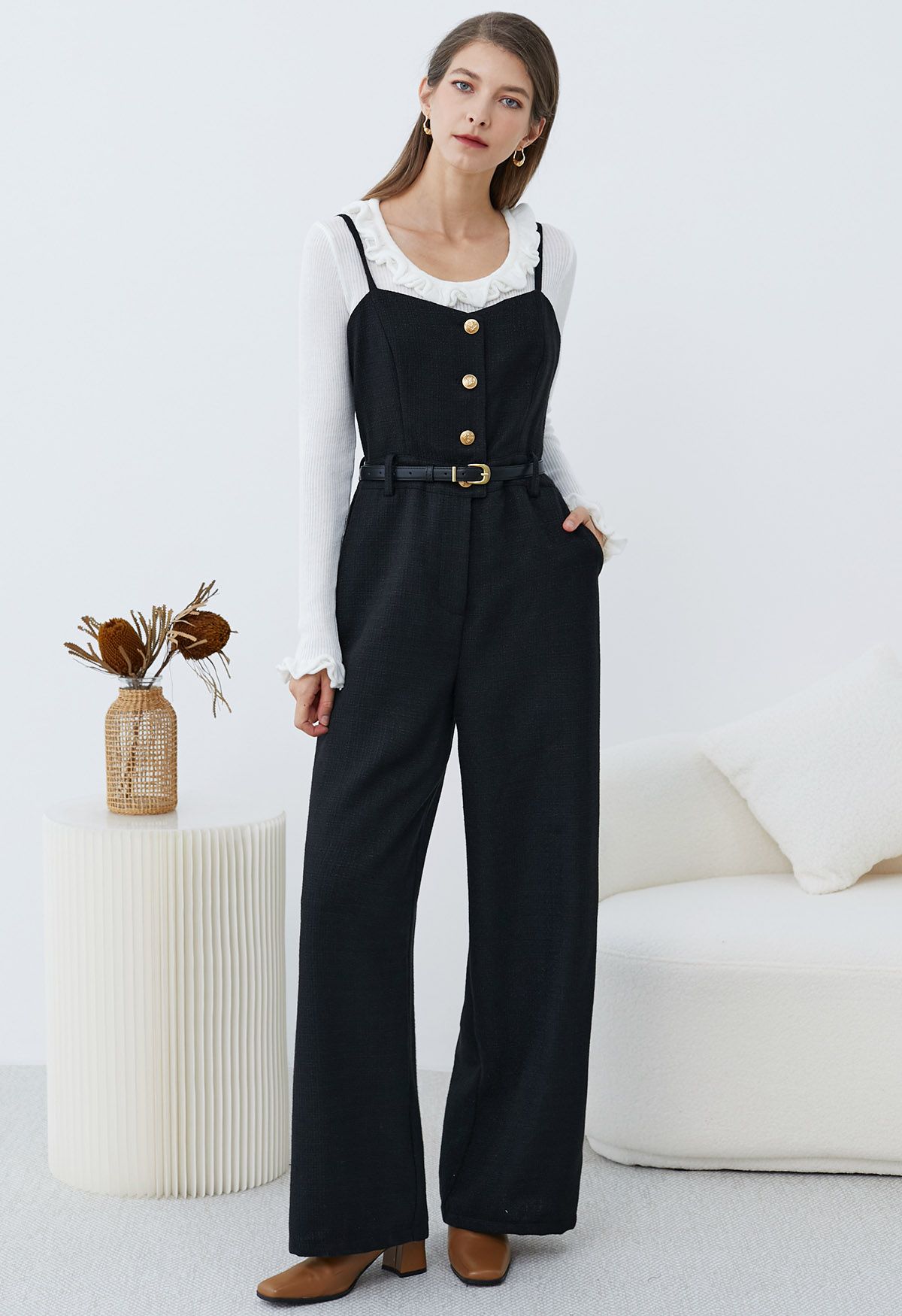 Statement Button Belted Tweed Cami Jumpsuit