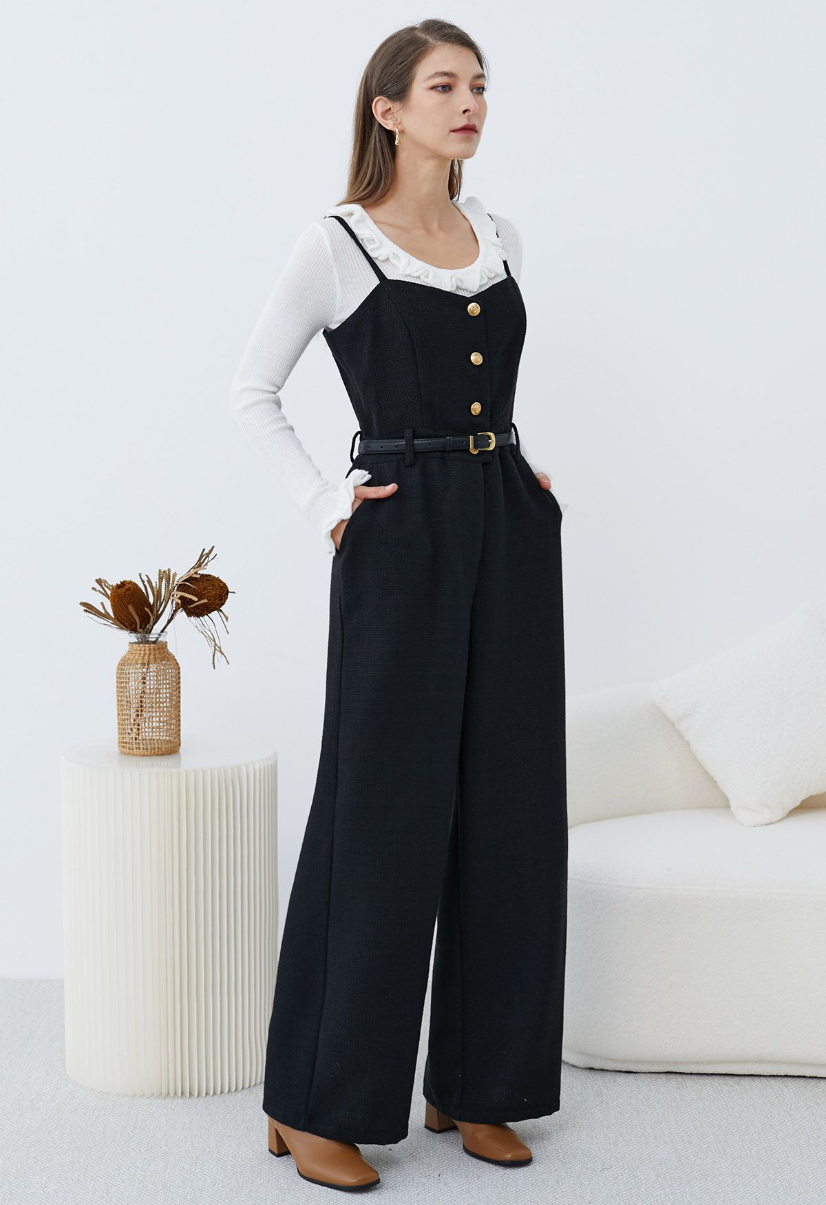 Statement Button Belted Tweed Cami Jumpsuit