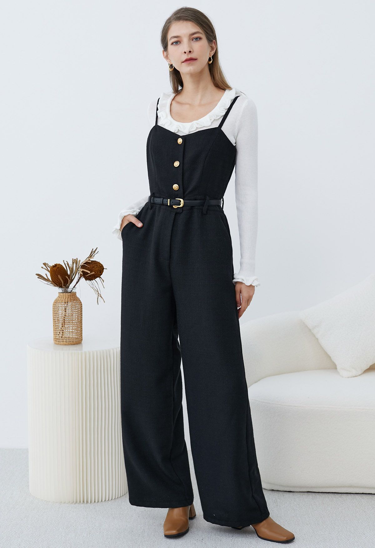 Statement Button Belted Tweed Cami Jumpsuit