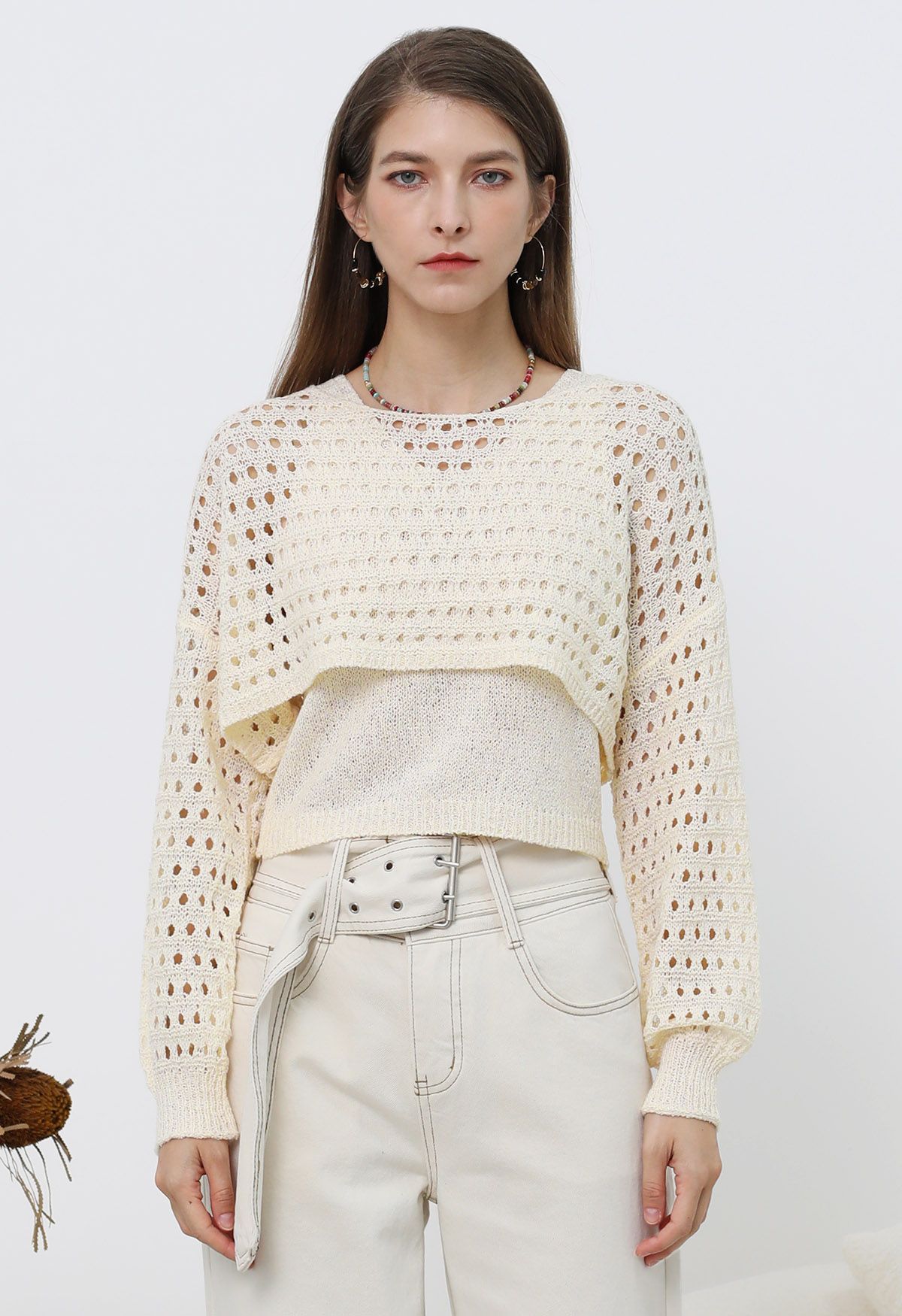 Distinctive Hollow Out Two-Piece Smock Top in Cream