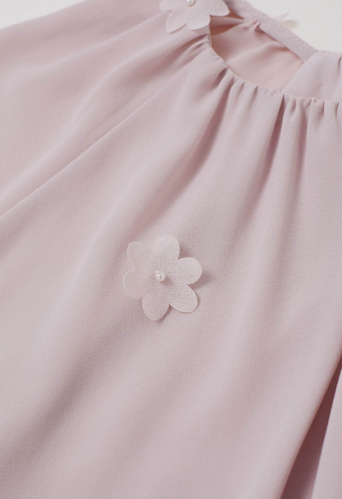 3D Floret Pearly Cutout Puff Sleeve Shirt in Pink