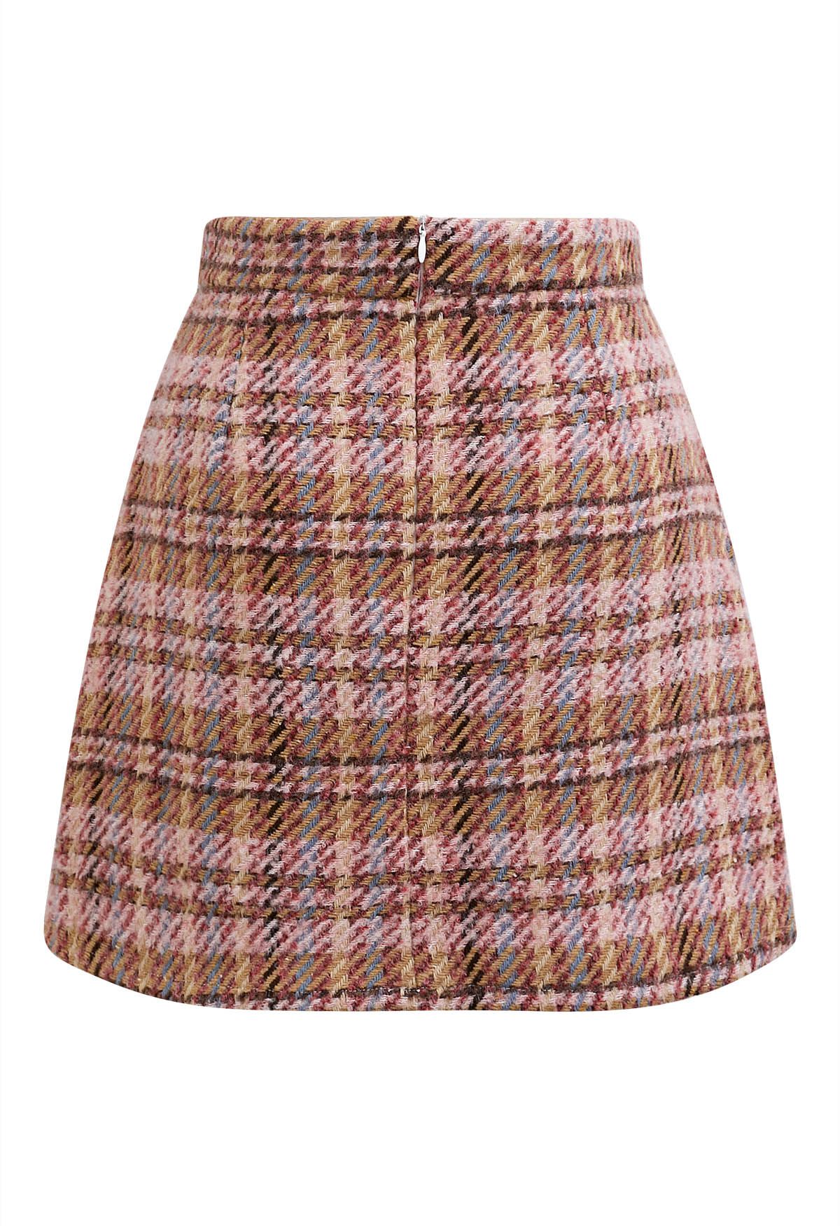 Golden Buttons Pink Plaid Wool Blend Mini Skirt Retro Indie and Unique Fashion