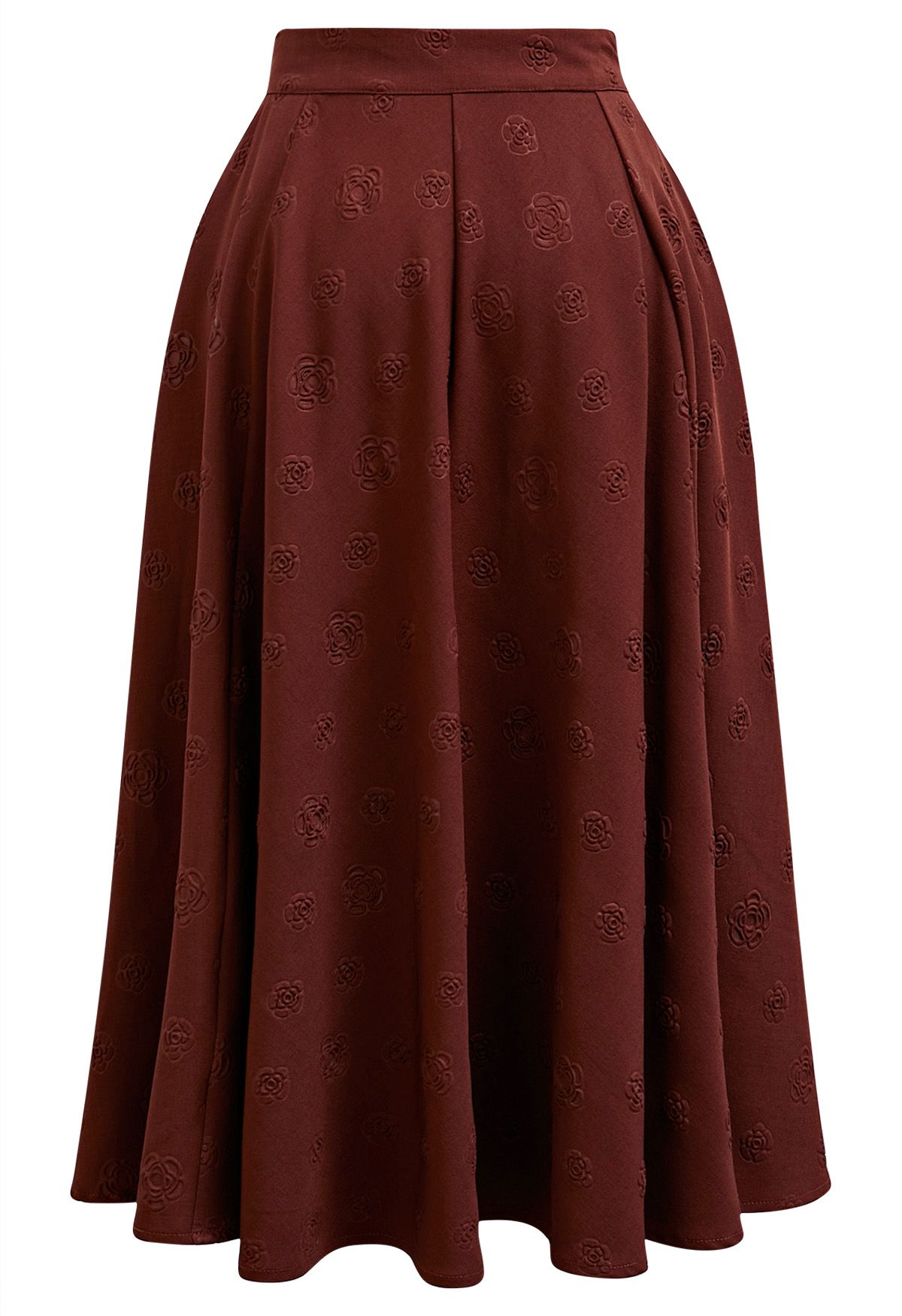 Embossed Rose A Line Midi Skirt in Burgundy Retro Indie and Unique Fashion