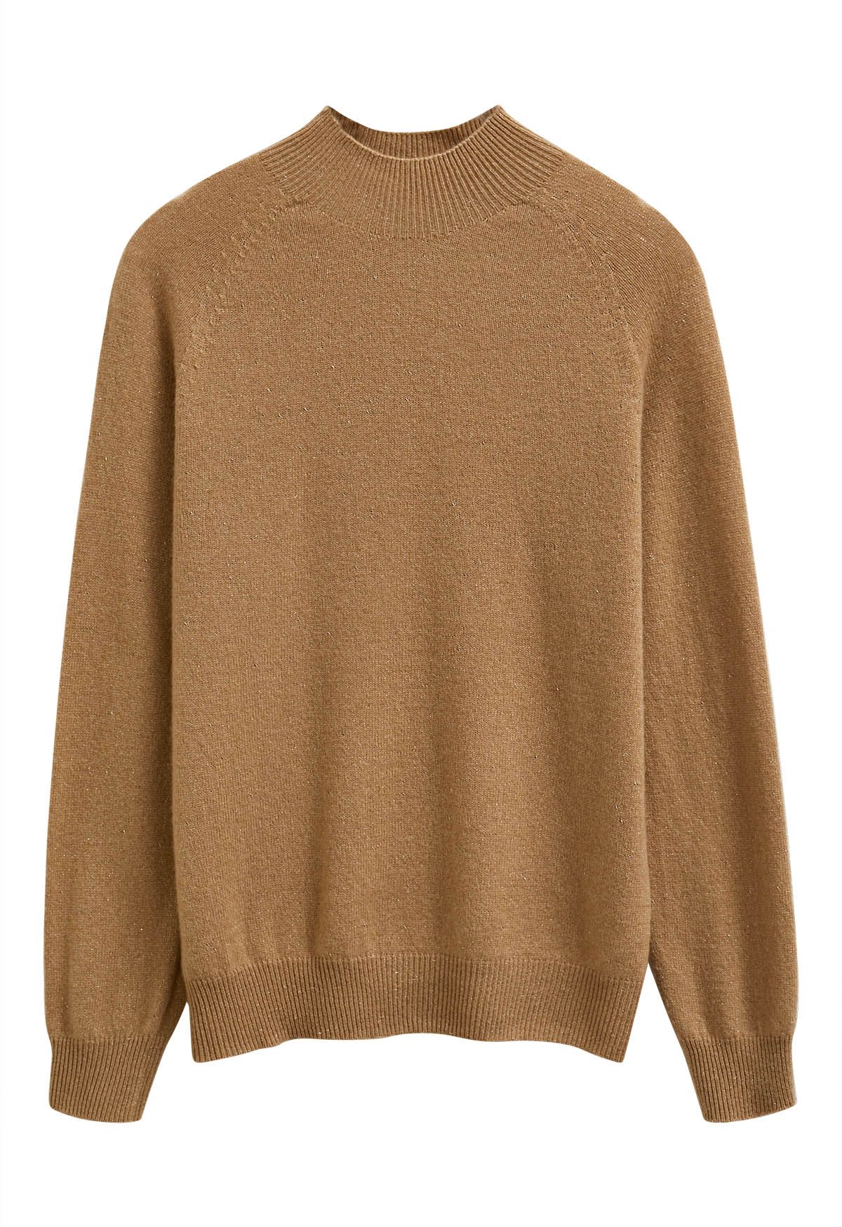 Integral Metallic Thread Mock Neck Wool Sweater in Caramel