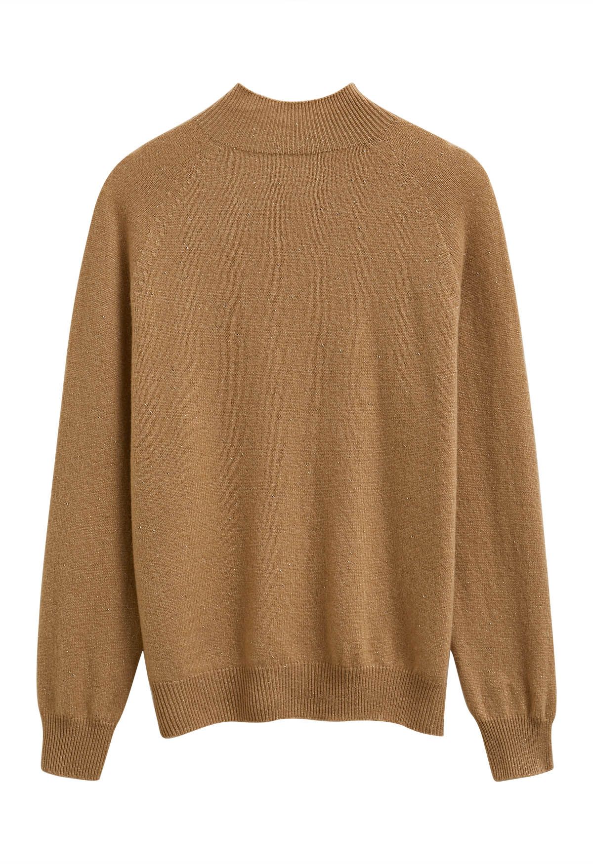 Integral Metallic Thread Mock Neck Wool Sweater in Caramel