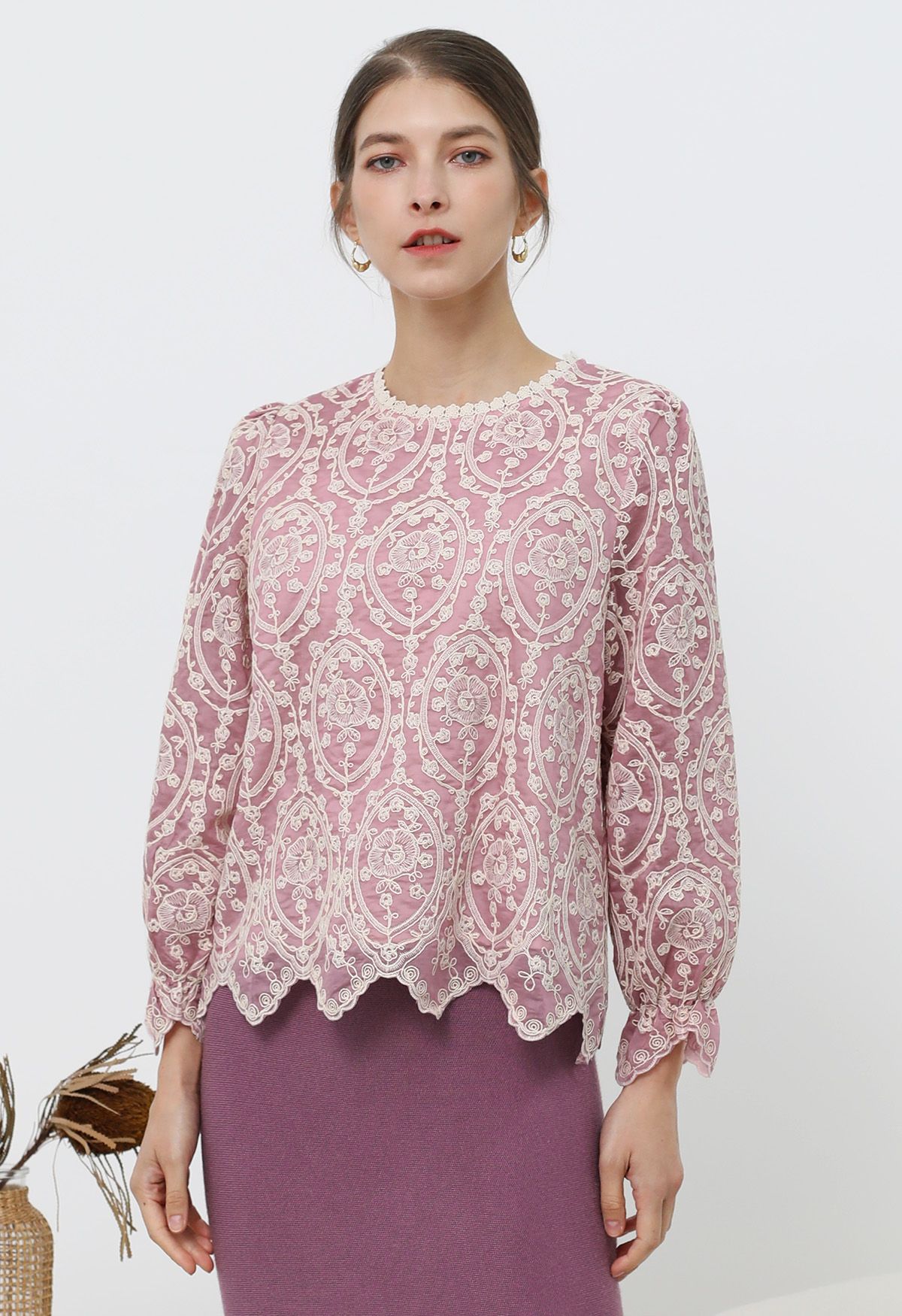 Embroidery Overlay Scalloped Long-Sleeve Top in Dusty Pink