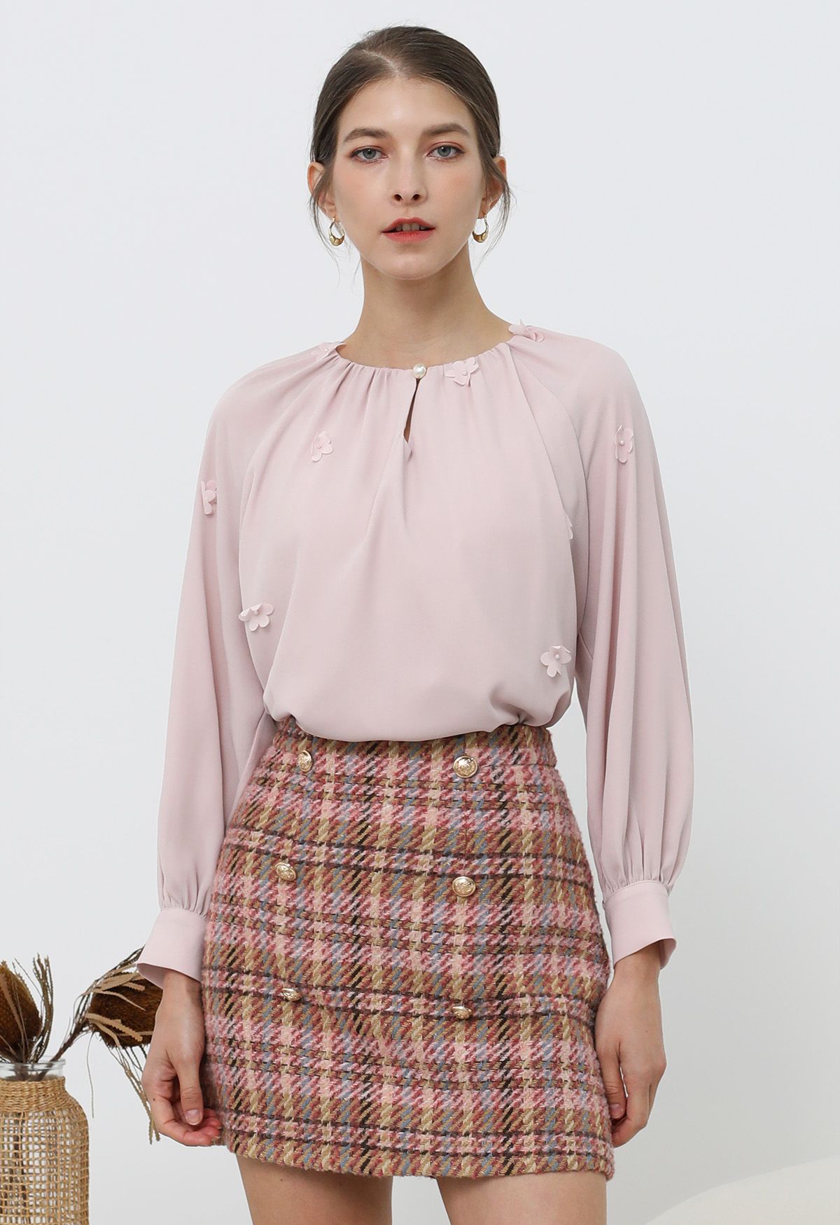 Golden Buttons Pink Plaid Wool Blend Mini Skirt Retro Indie and Unique Fashion