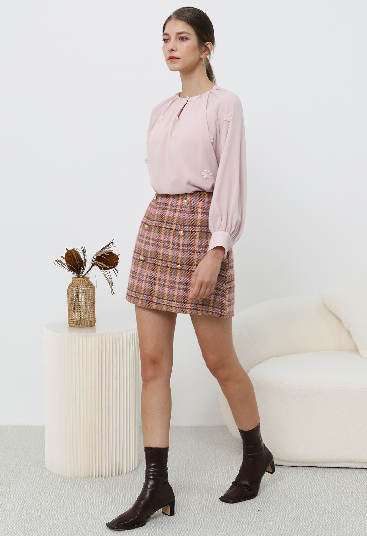 Light pink plaid mini skirt best sale