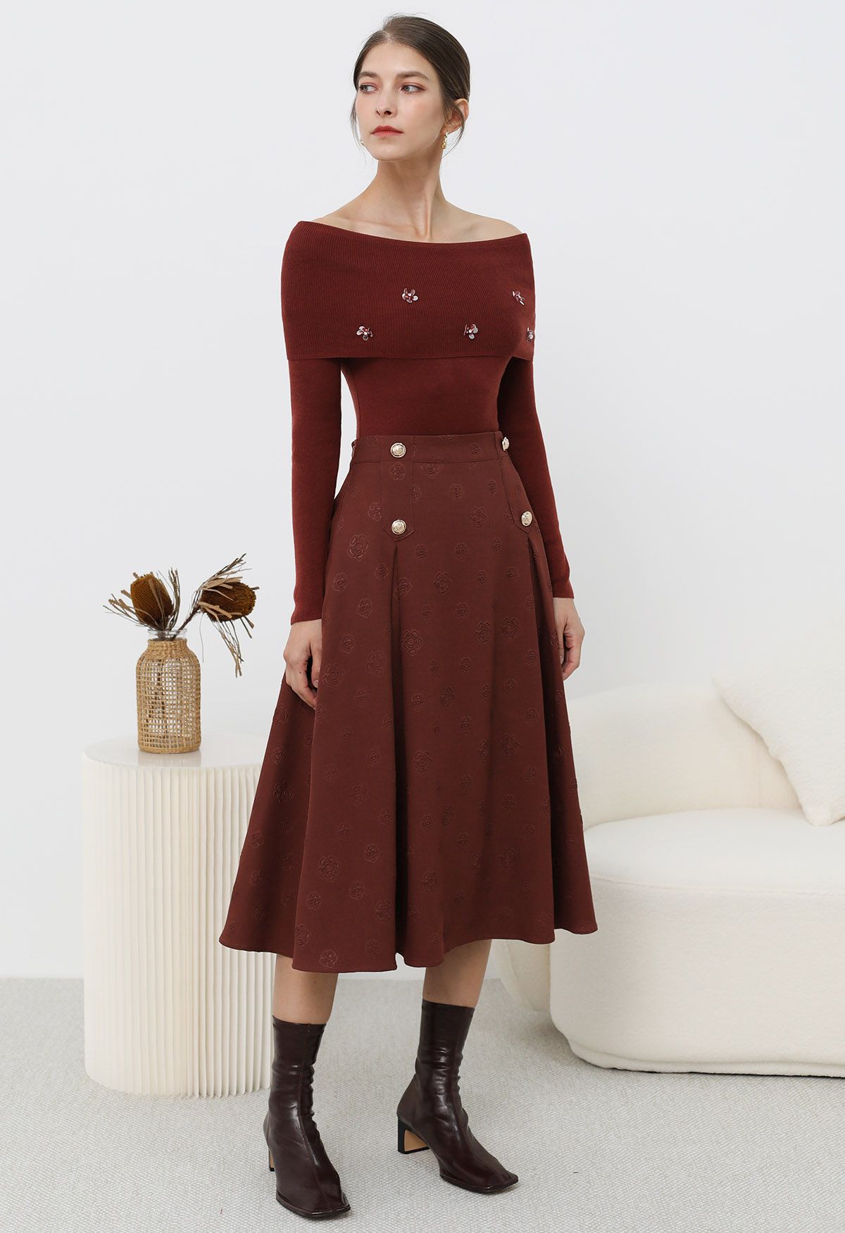 Embossed Rose A-Line Midi Skirt in Burgundy