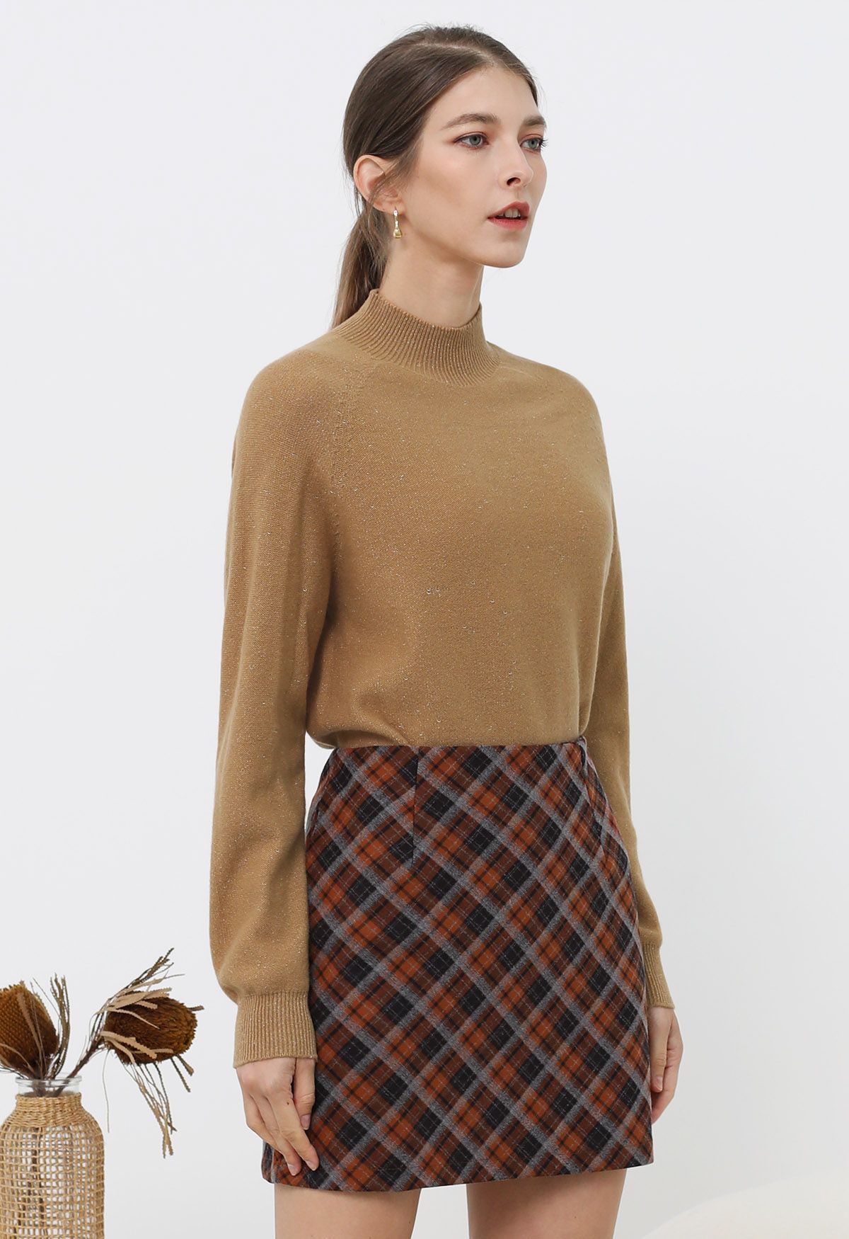 Integral Metallic Thread Mock Neck Wool Sweater in Caramel