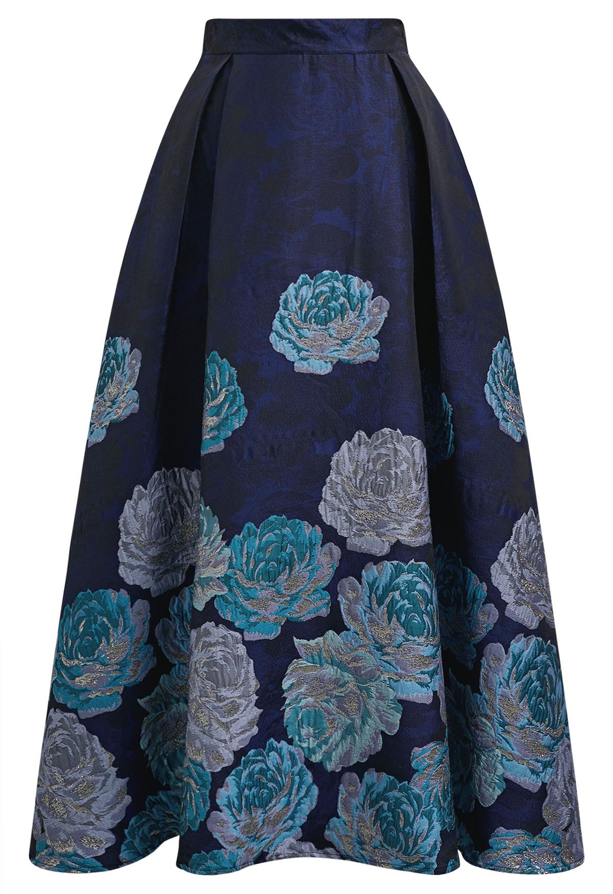 Midnight Blue Peony Jacquard Flare Maxi Skirt