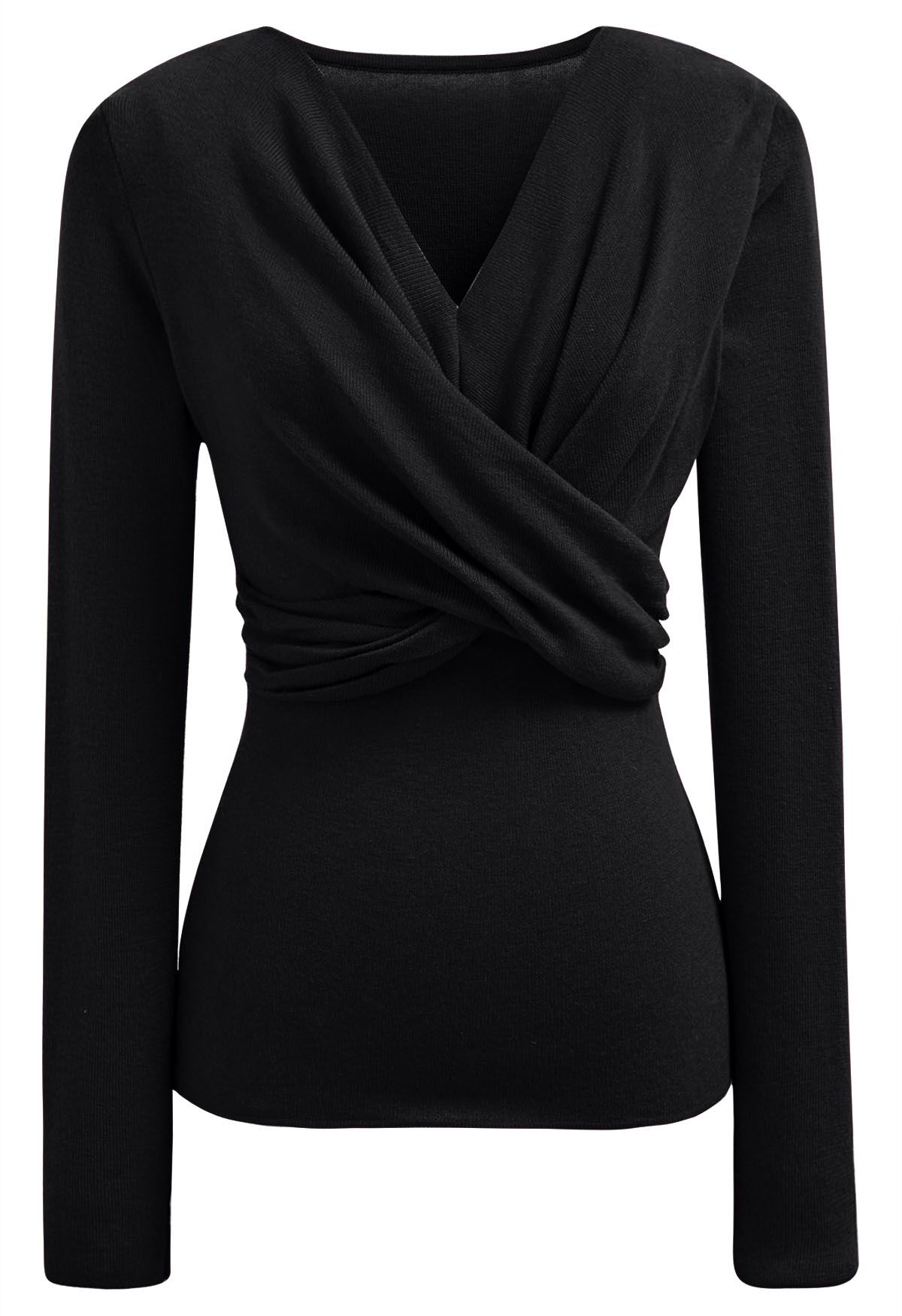 Artful Crisscross V-Neck Long Sleeve Knit Top in Black