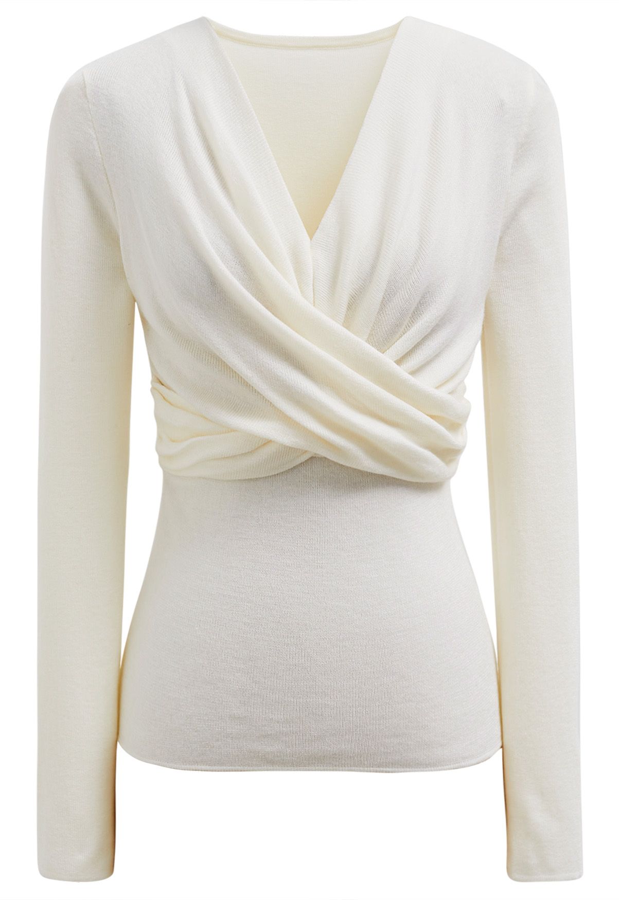 Artful Crisscross V-Neck Long Sleeve Knit Top in White