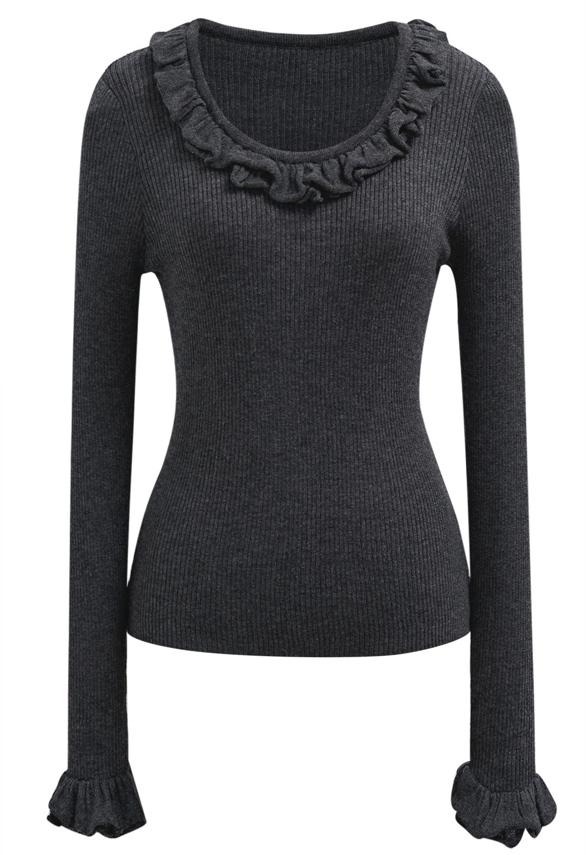 Ruffled Charm Long-Sleeve Ribbed Knit Top in Smoke