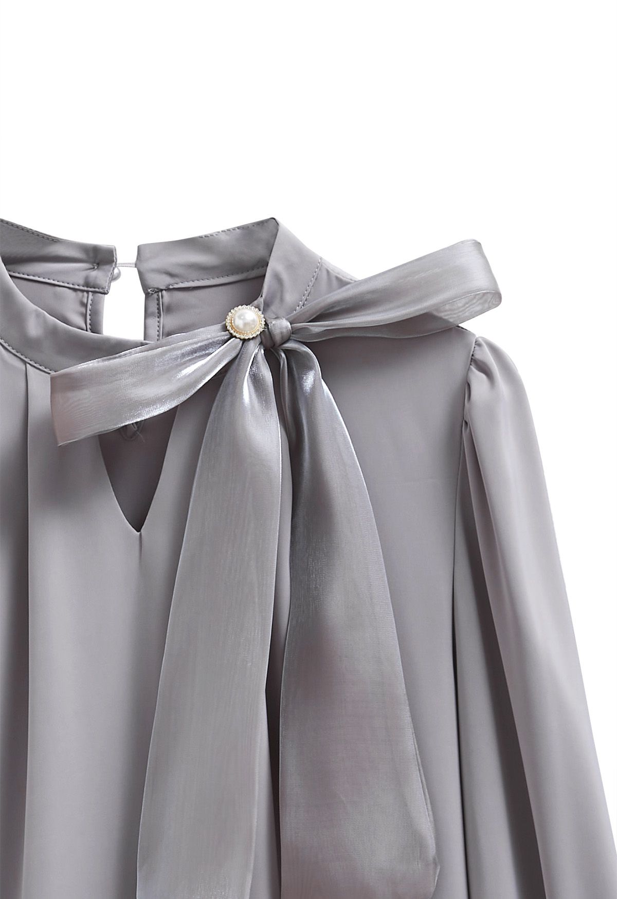 Pearly Organza Bowknot Satin Top in Grey