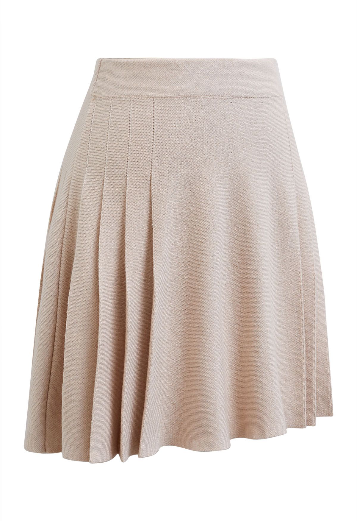 Side Pleats Knit Mini Skirt in Light Tan