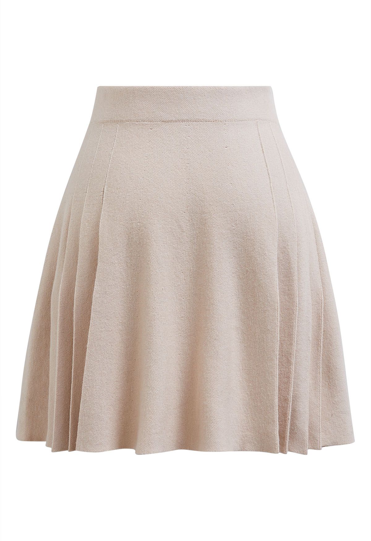 Side Pleats Knit Mini Skirt in Light Tan