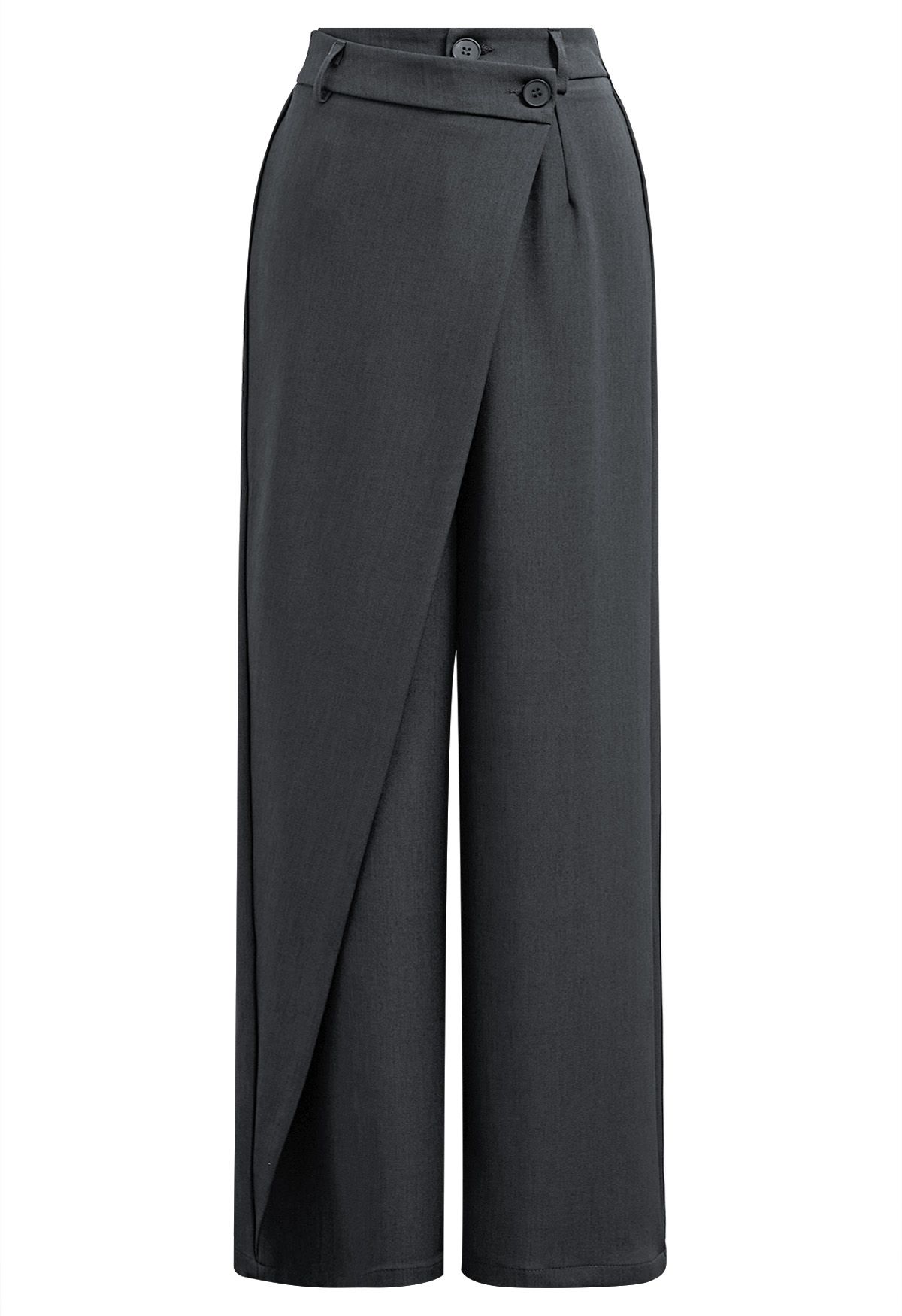 Asymmetric Flap Buttoned Straight-Leg Pants in Smoke