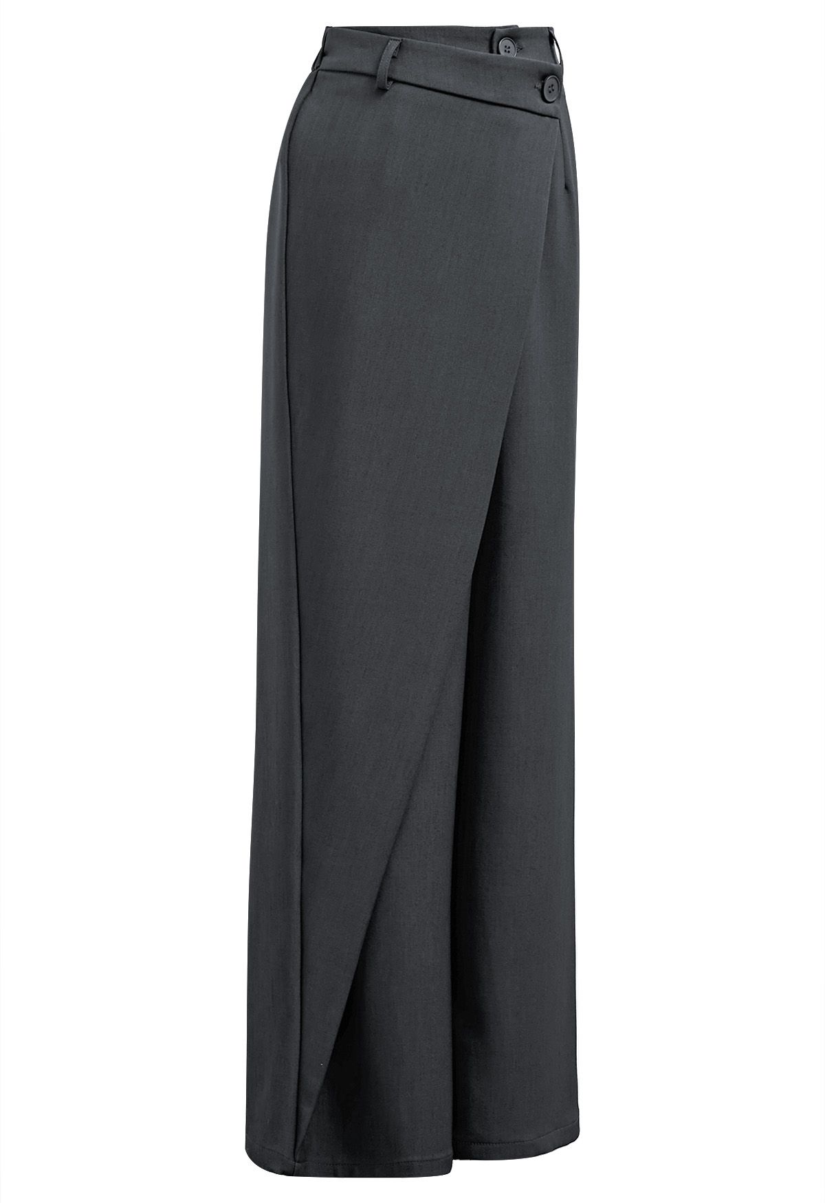 Asymmetric Flap Buttoned Straight-Leg Pants in Smoke