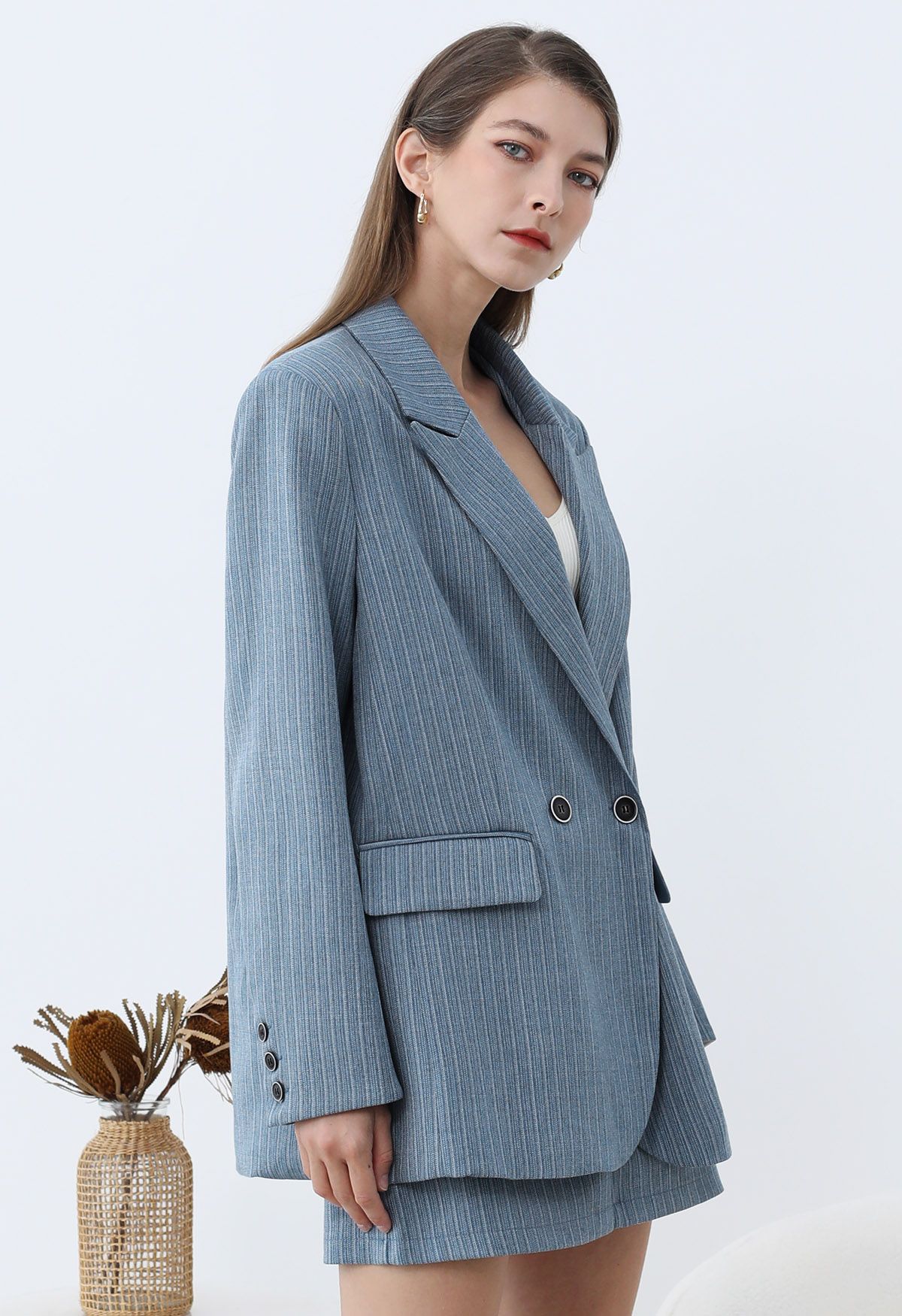 Everlasting Striped Padded Shoulder Oversized Blazer in Blue