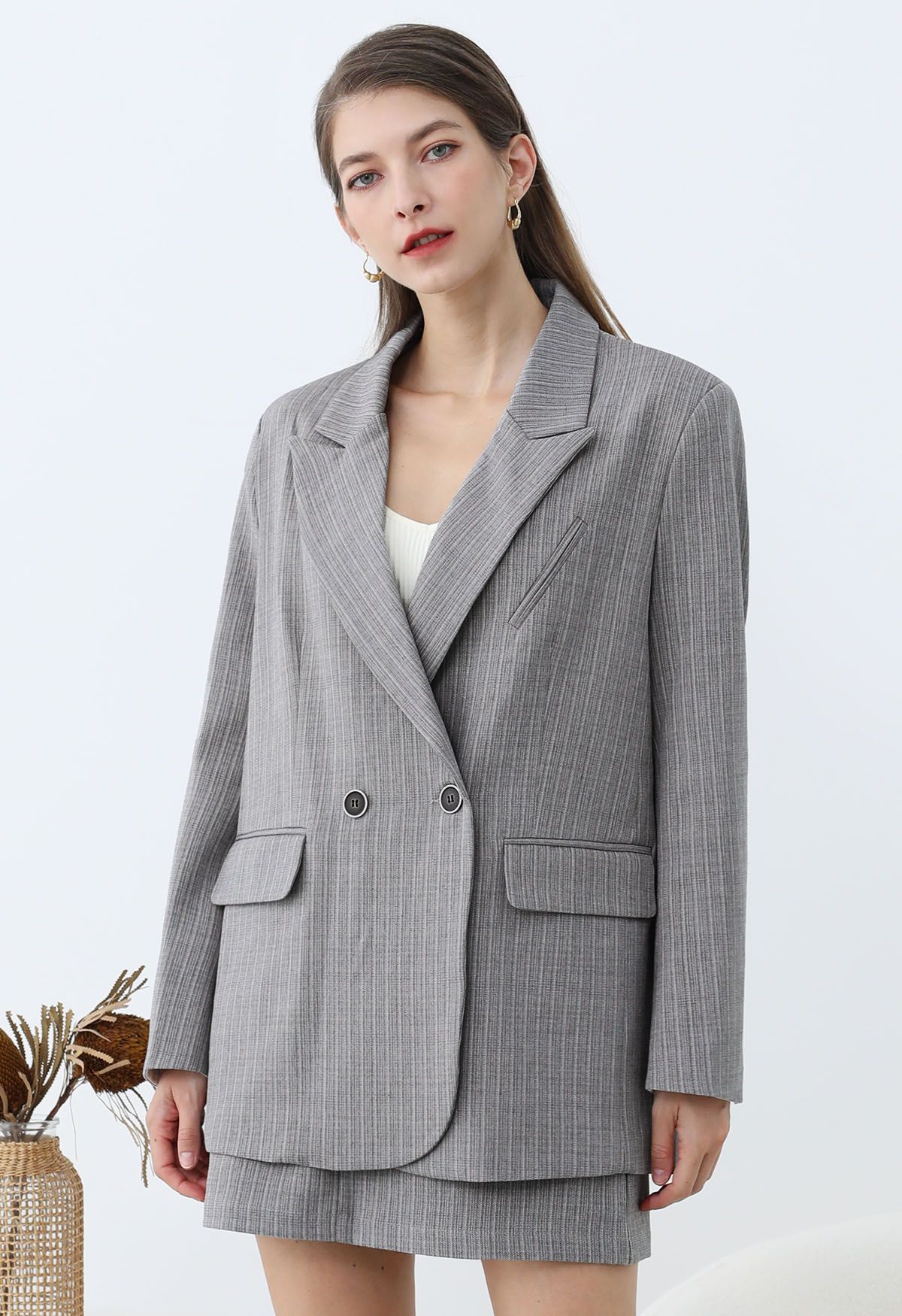 Everlasting Striped Padded Shoulder Oversized Blazer in Grey