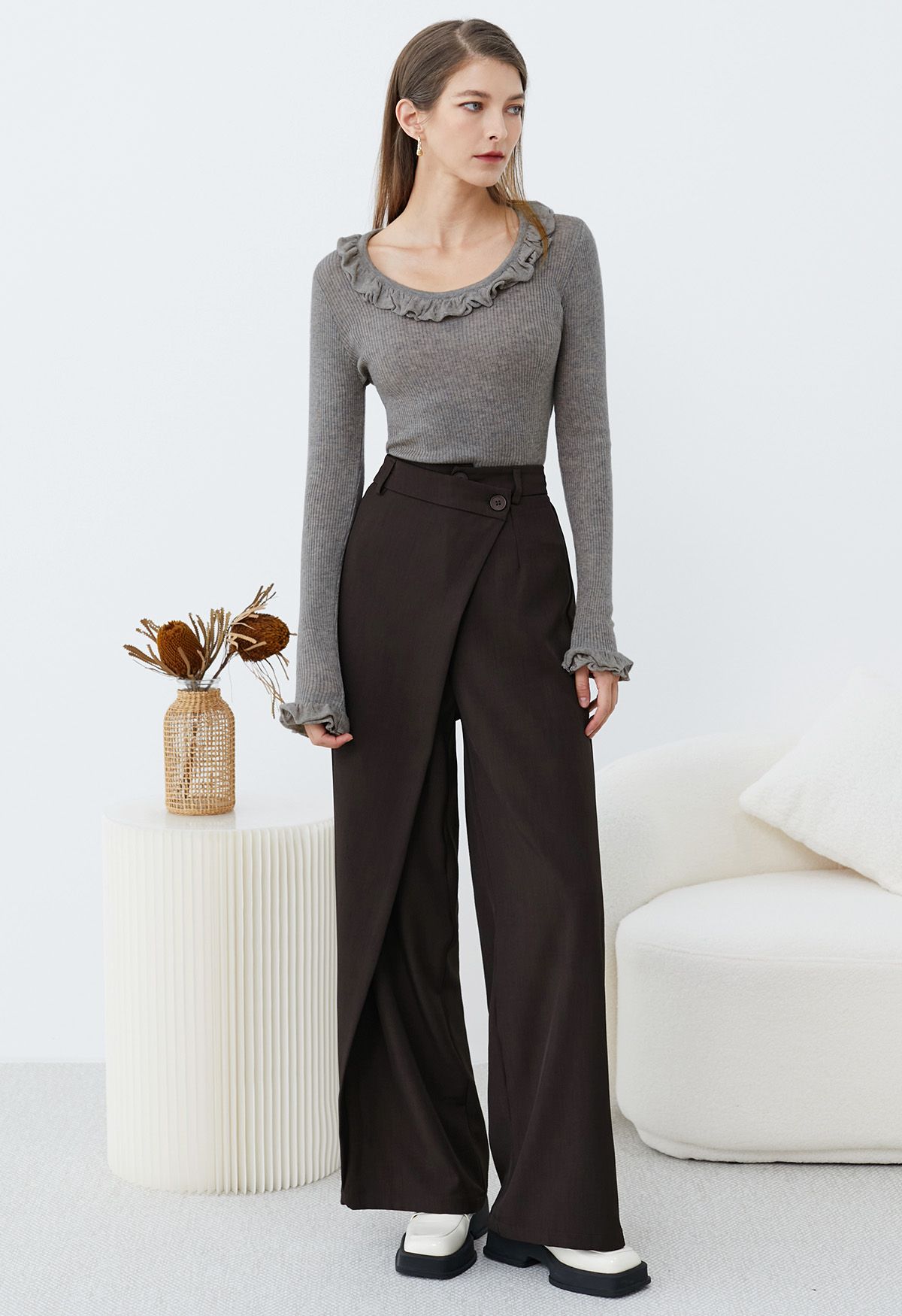 Asymmetric Flap Buttoned Straight-Leg Pants in Chocolate