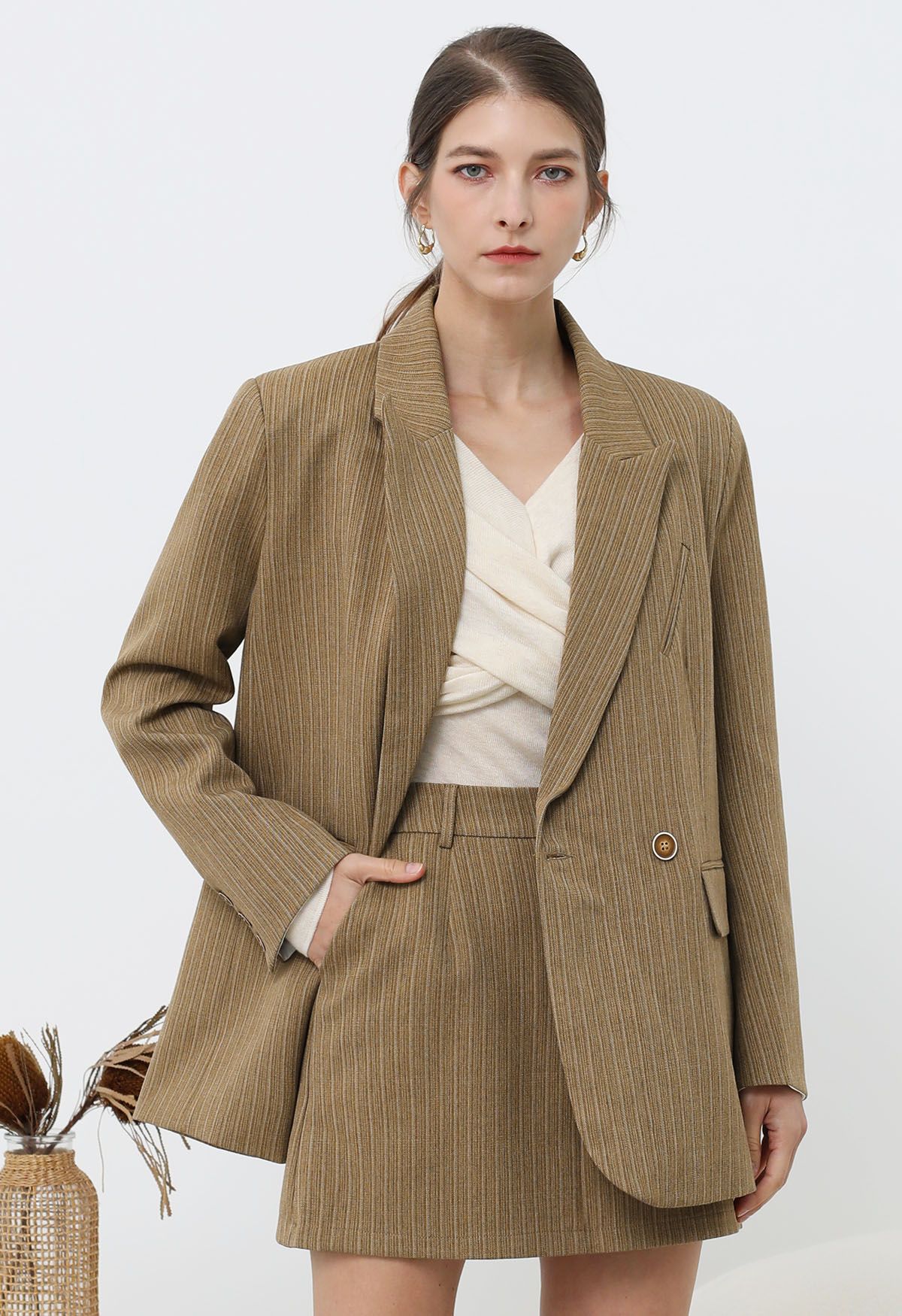 Everlasting Striped Padded Shoulder Oversized Blazer in Camel