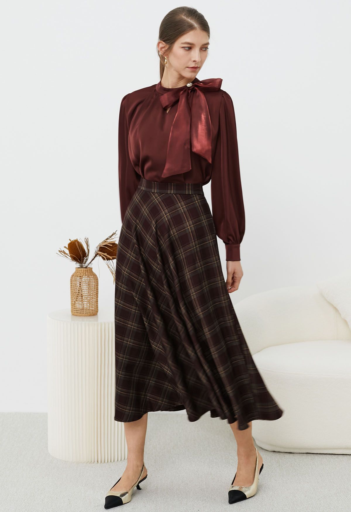 Plaid Charm Flare Midi Skirt in Burgundy