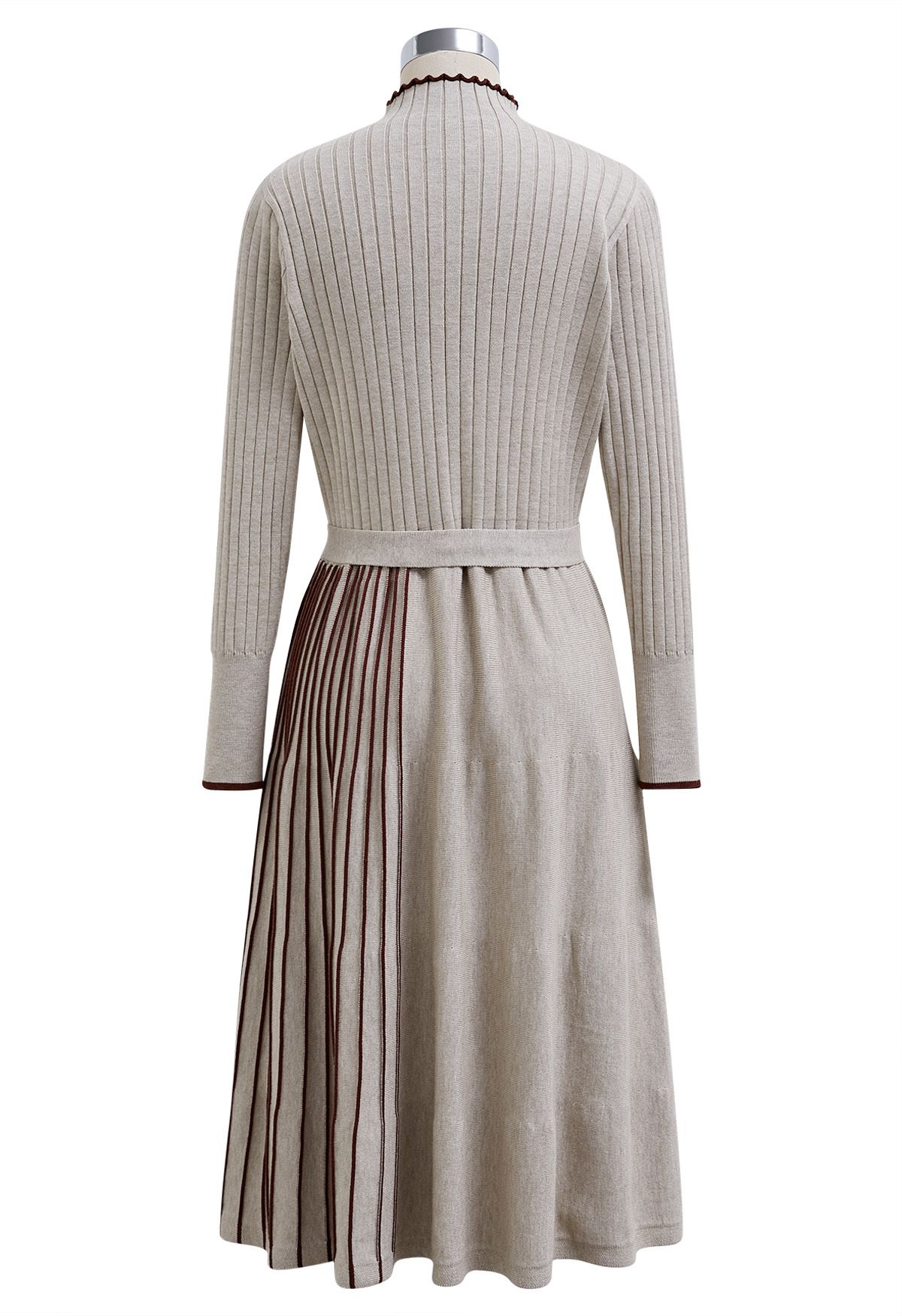 Inventive Contrast Striped Belted Ribbed Knit Dress in Oatmeal