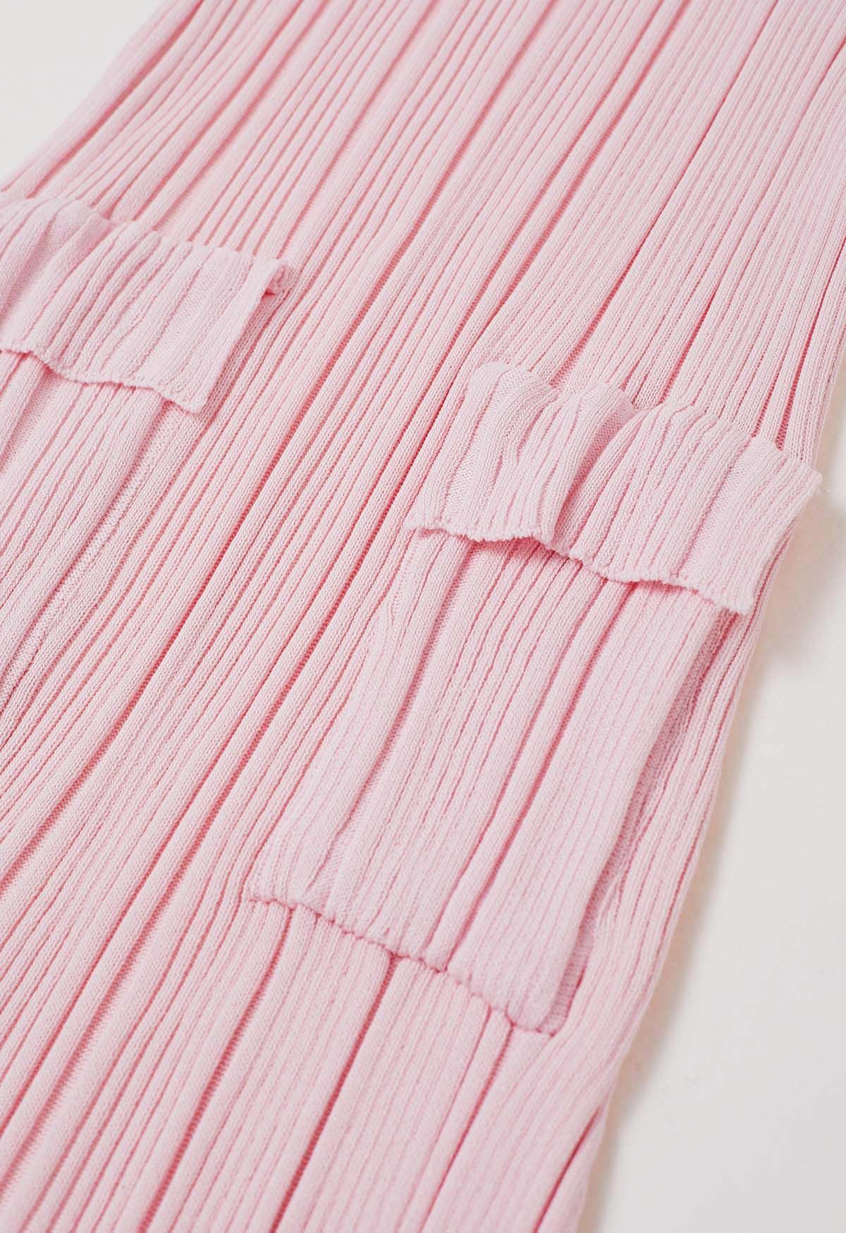 Relaxing Collared Flap Pocket Ribbed Knit Dress in Light Pink