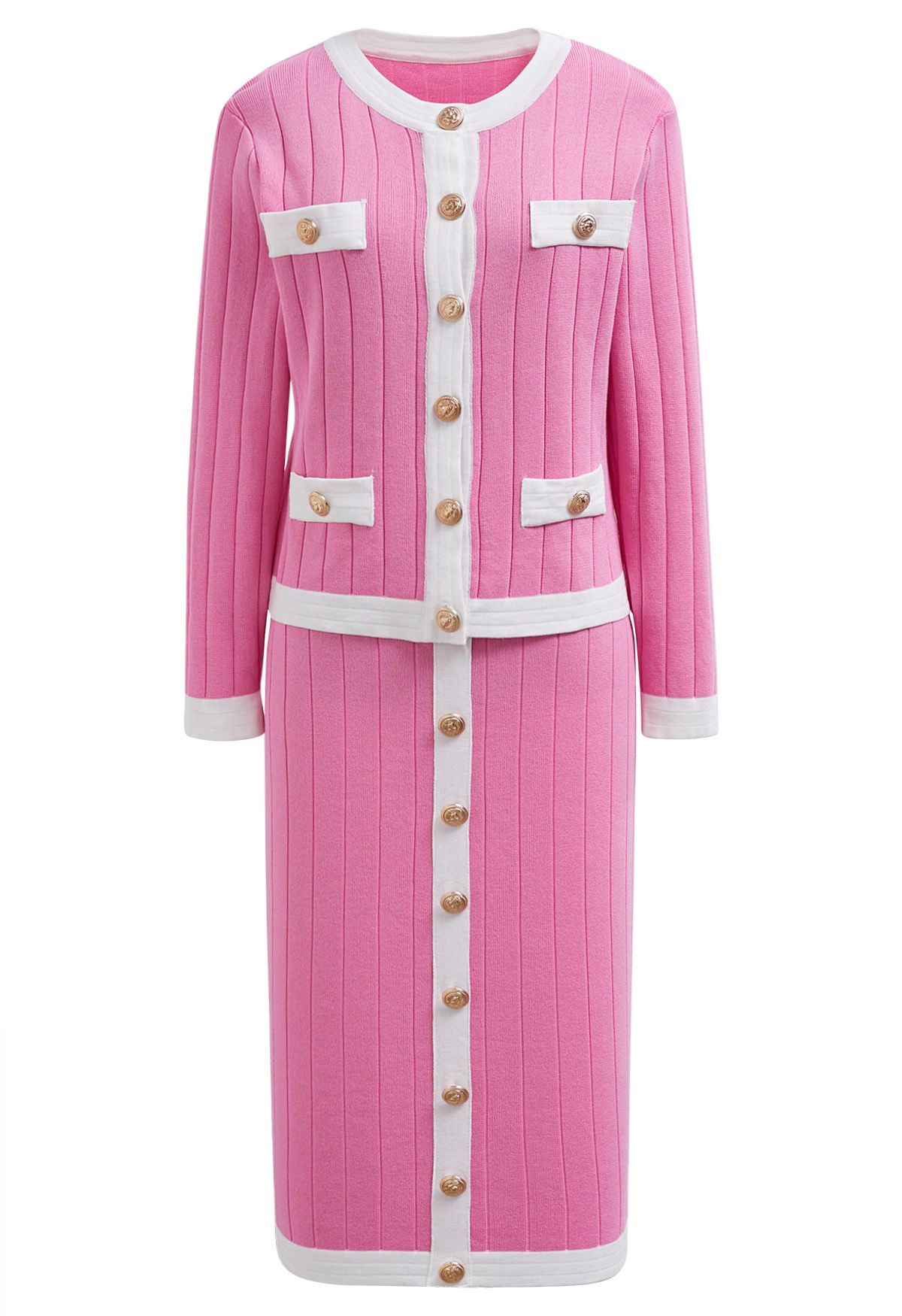 Contrast Trim Golden Button Knit Cardigan and Skirt Set in Candy Pink