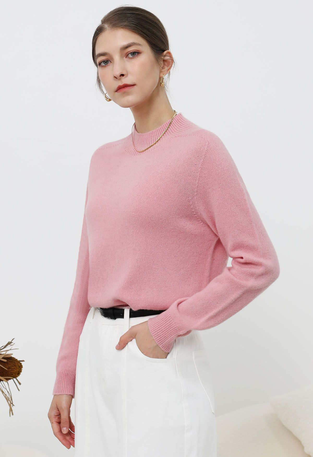 Heartwarming Mock Neck Long-Sleeve Wool Sweater in Pink