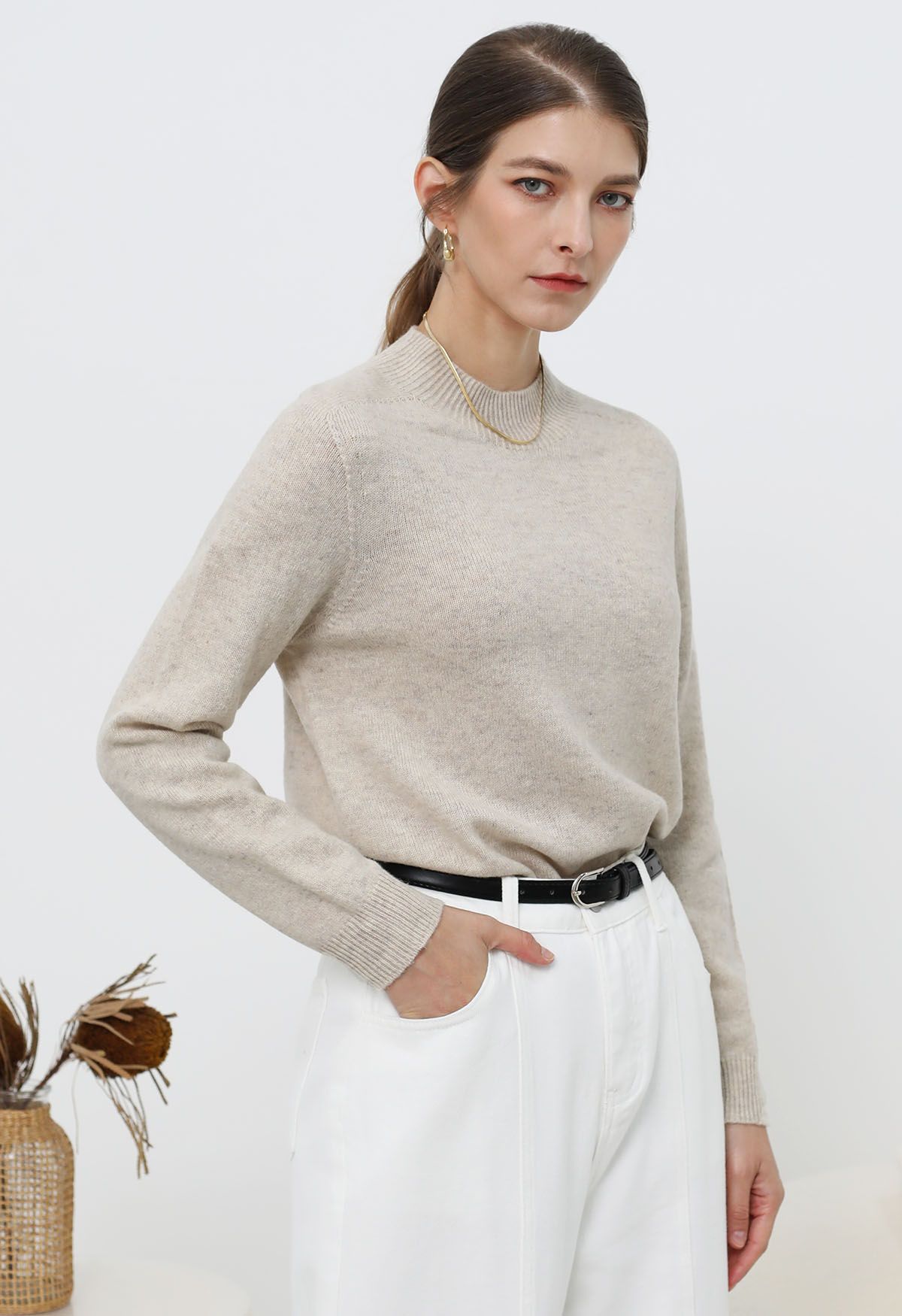 Heartwarming Mock Neck Long-Sleeve Wool Sweater in Linen