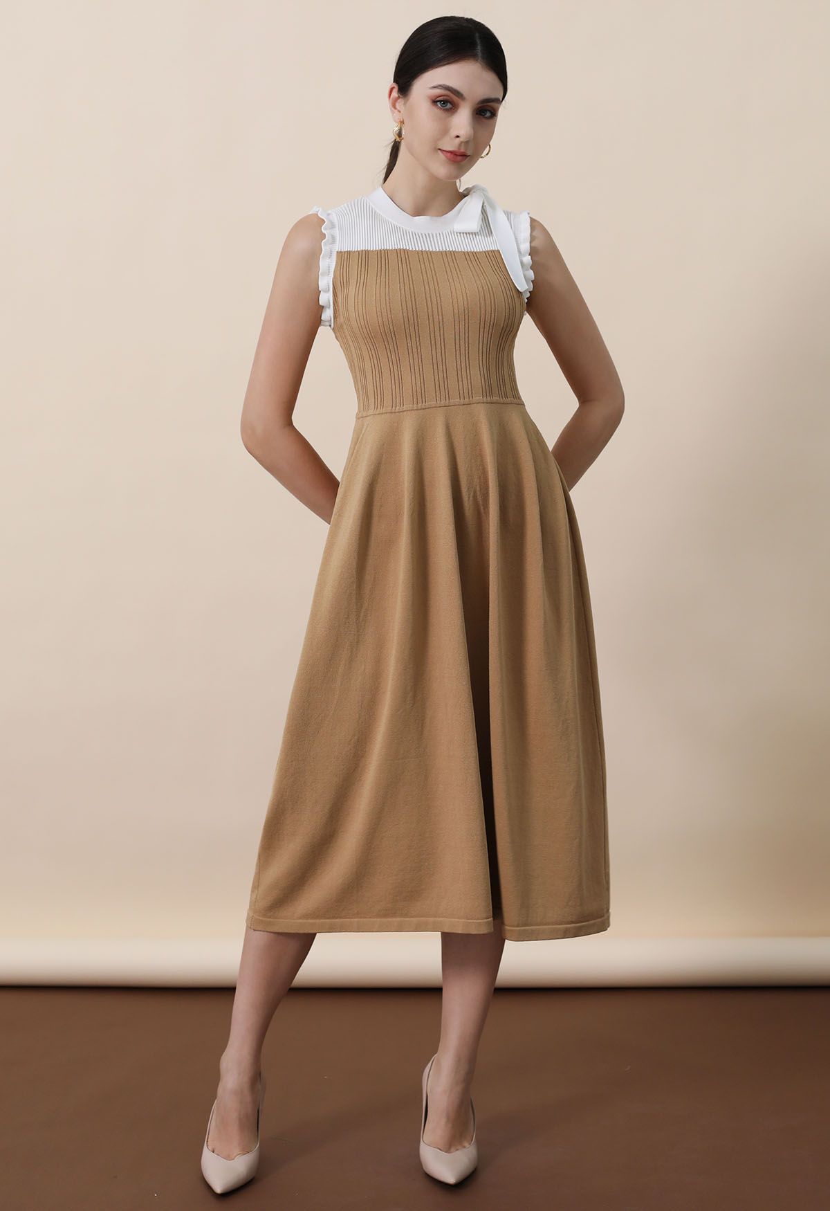 Bowknot Shoulder Ruffle Sleeveless Knit Midi Dress in Camel