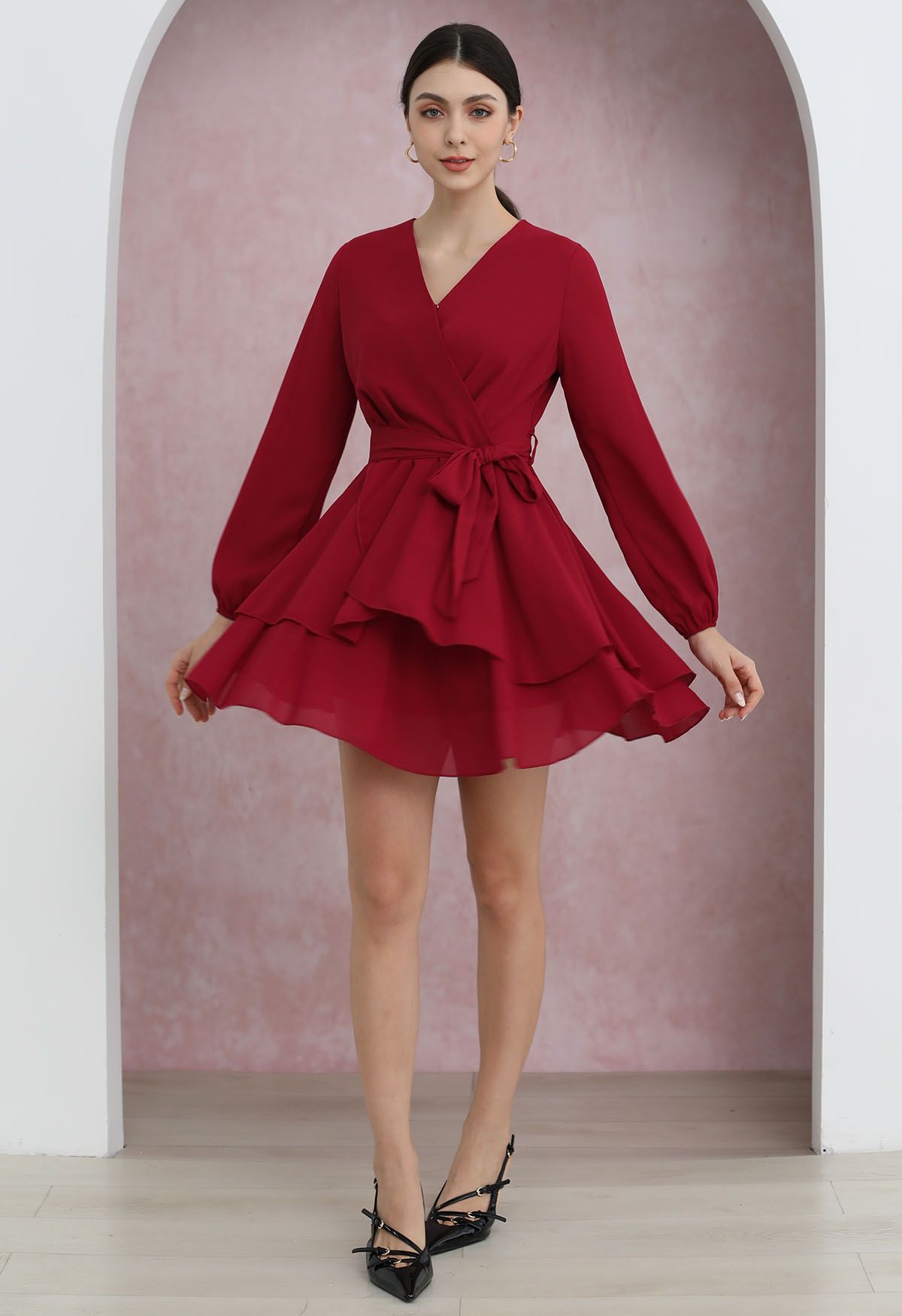 Lovable Tiered Ruffled V-Neck Wrapped Tie-Waist Mini Dress in Red