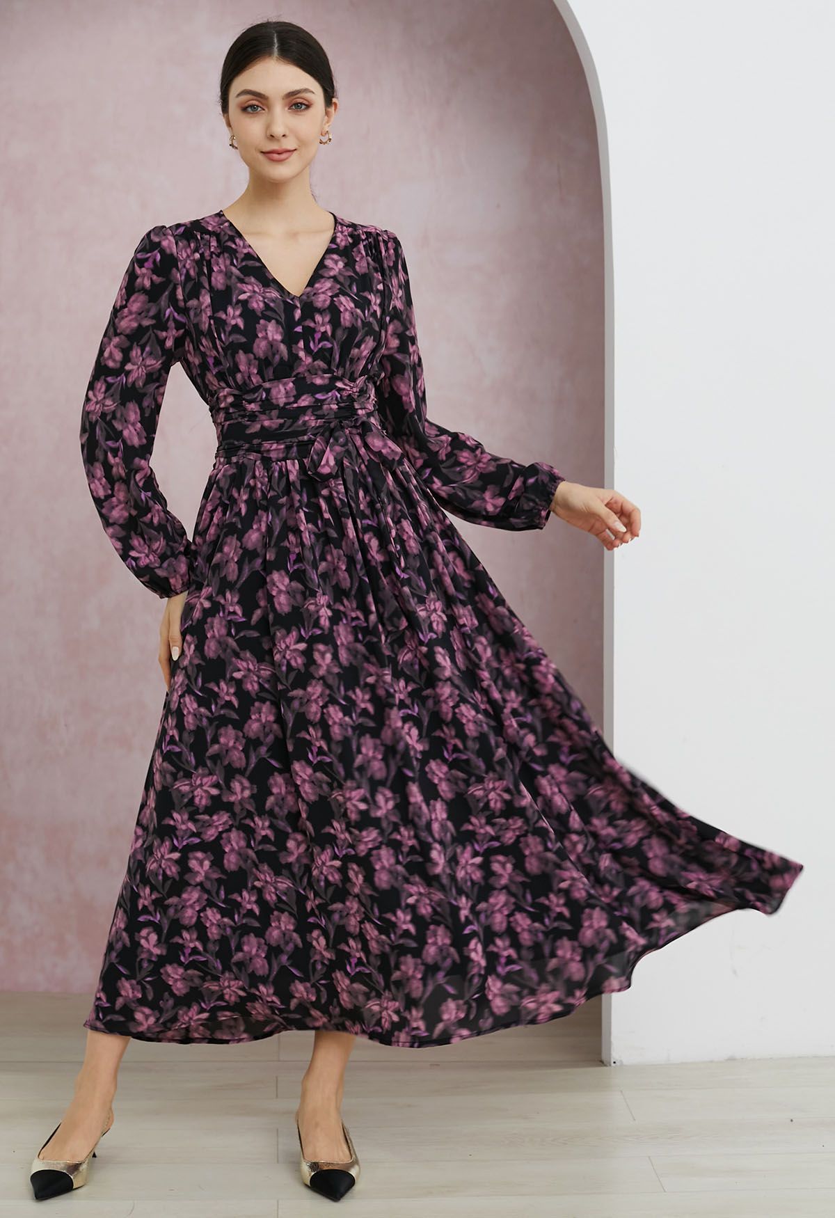 Floral Serenade V-Neck Chiffon Maxi Dress in Pink