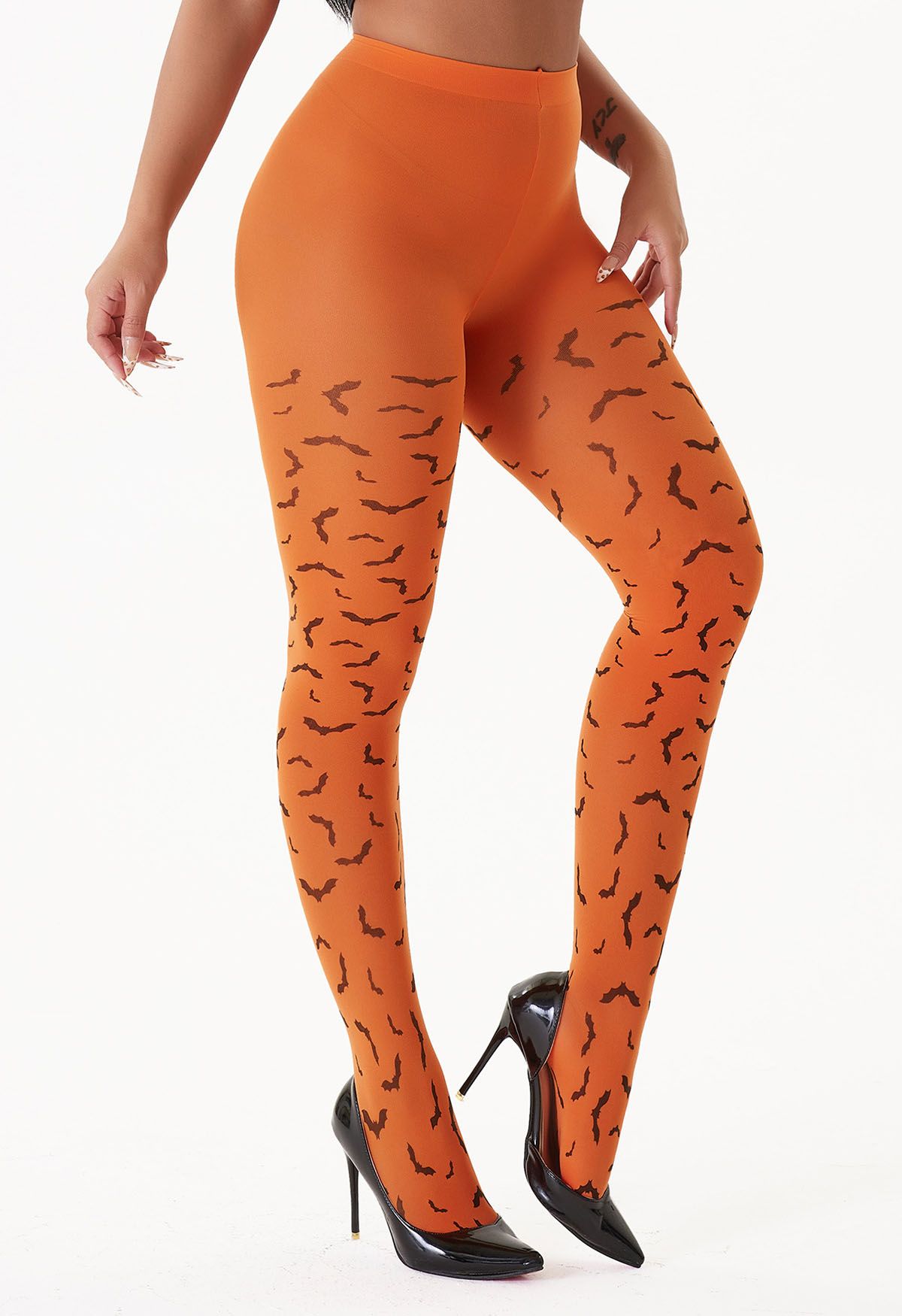 Halloween Bat Print Tights in Orange