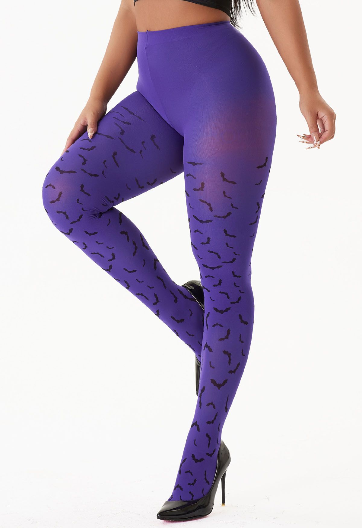 Halloween Bat Print Tights in Purple