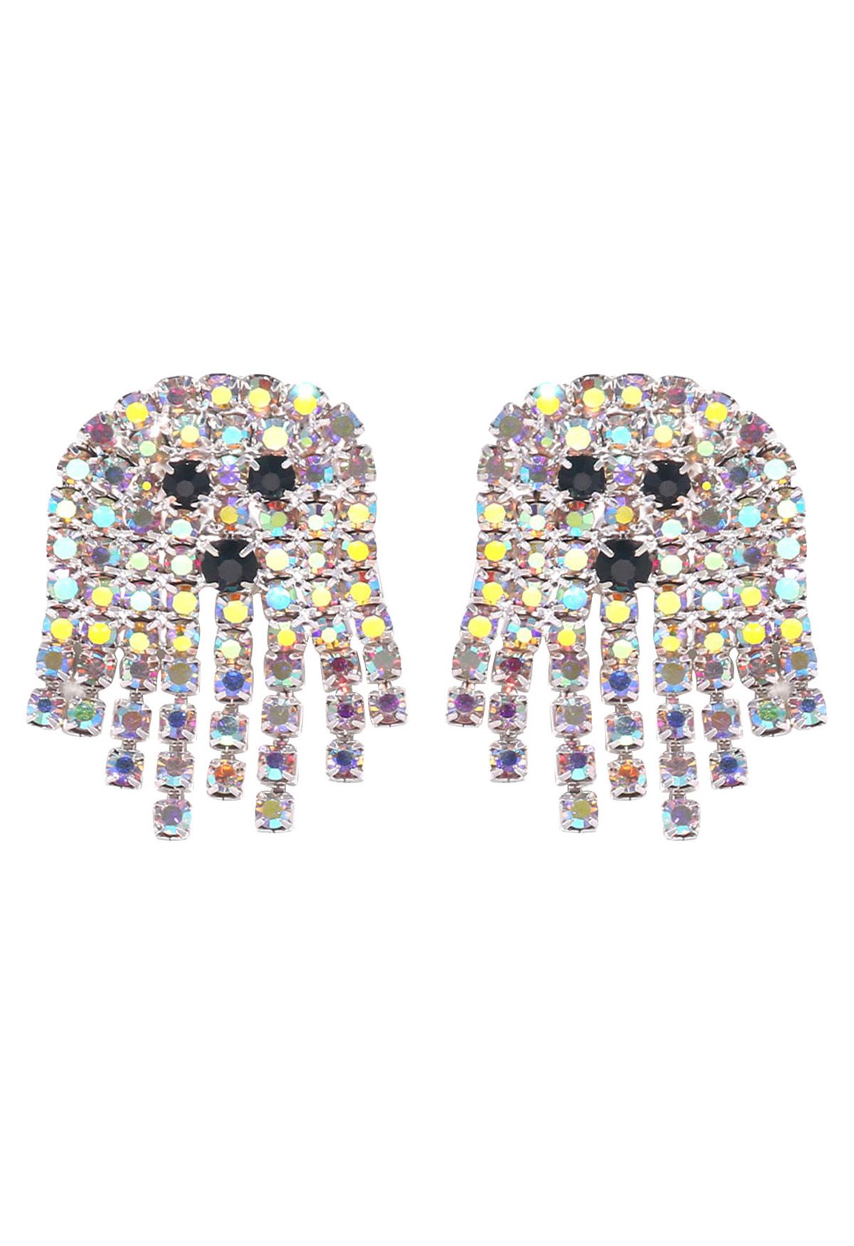 Colorful Rhinestone Ghost Earrings in Silver