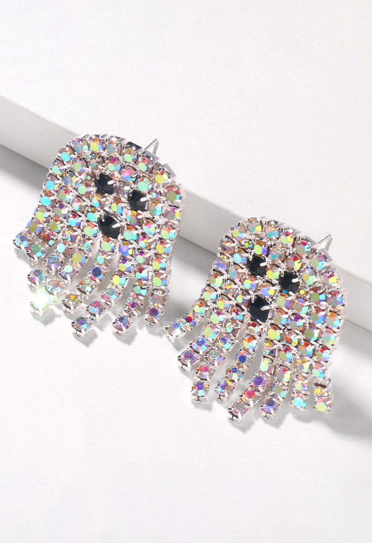 Colorful Rhinestone Ghost Earrings in Silver