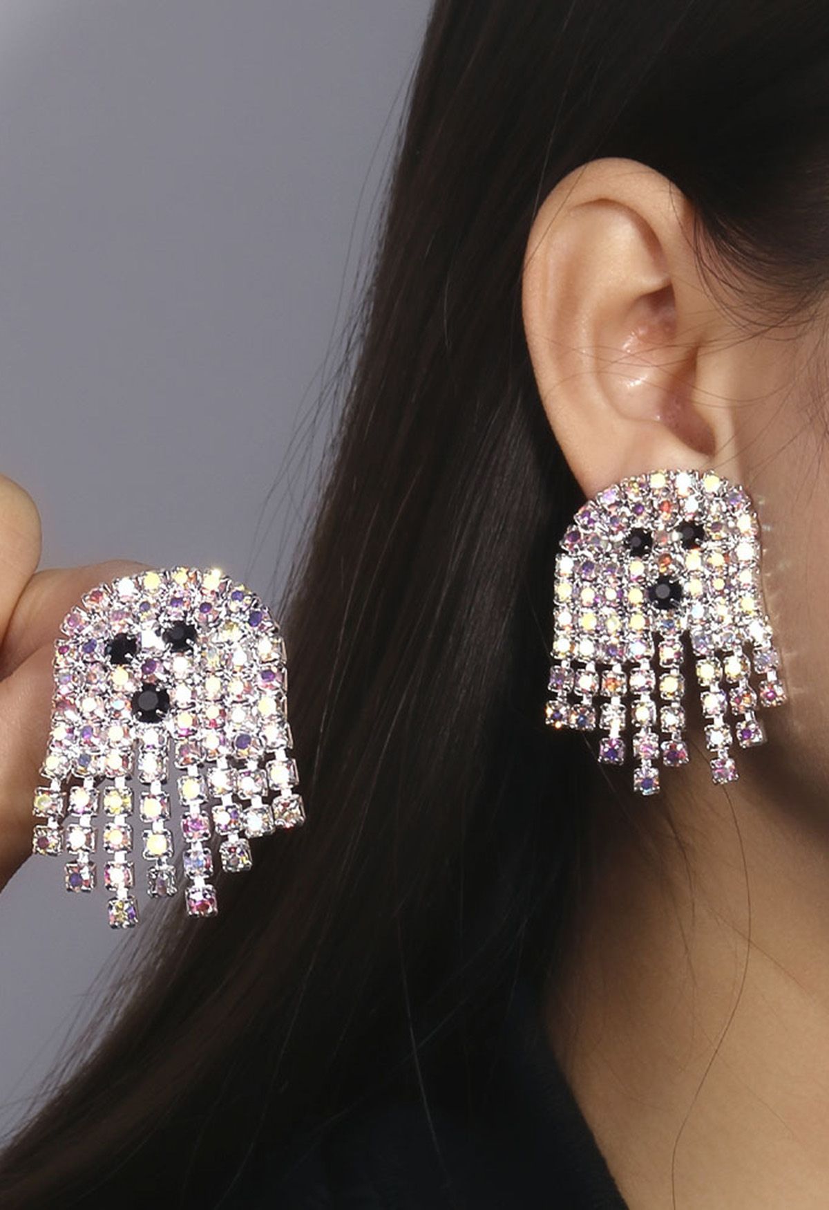 Colorful Rhinestone Ghost Earrings in Silver