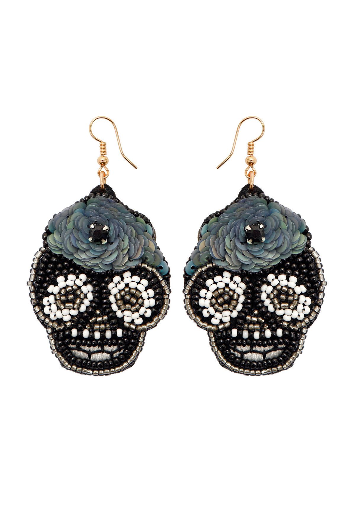 Petal Trim Beaded Skull Earrings