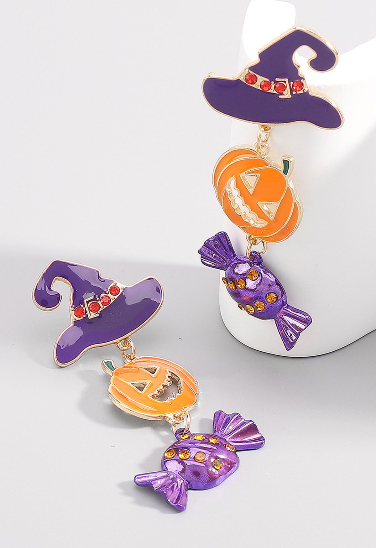 Witch Hat Pumpkin Candy Earrings in Purple