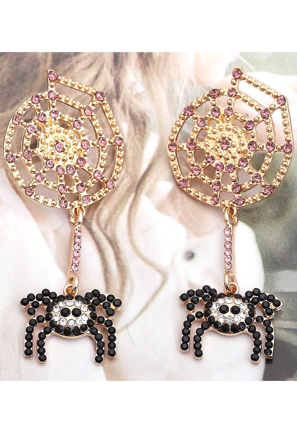 Black Spider and Cobweb Rhinestone Earrings