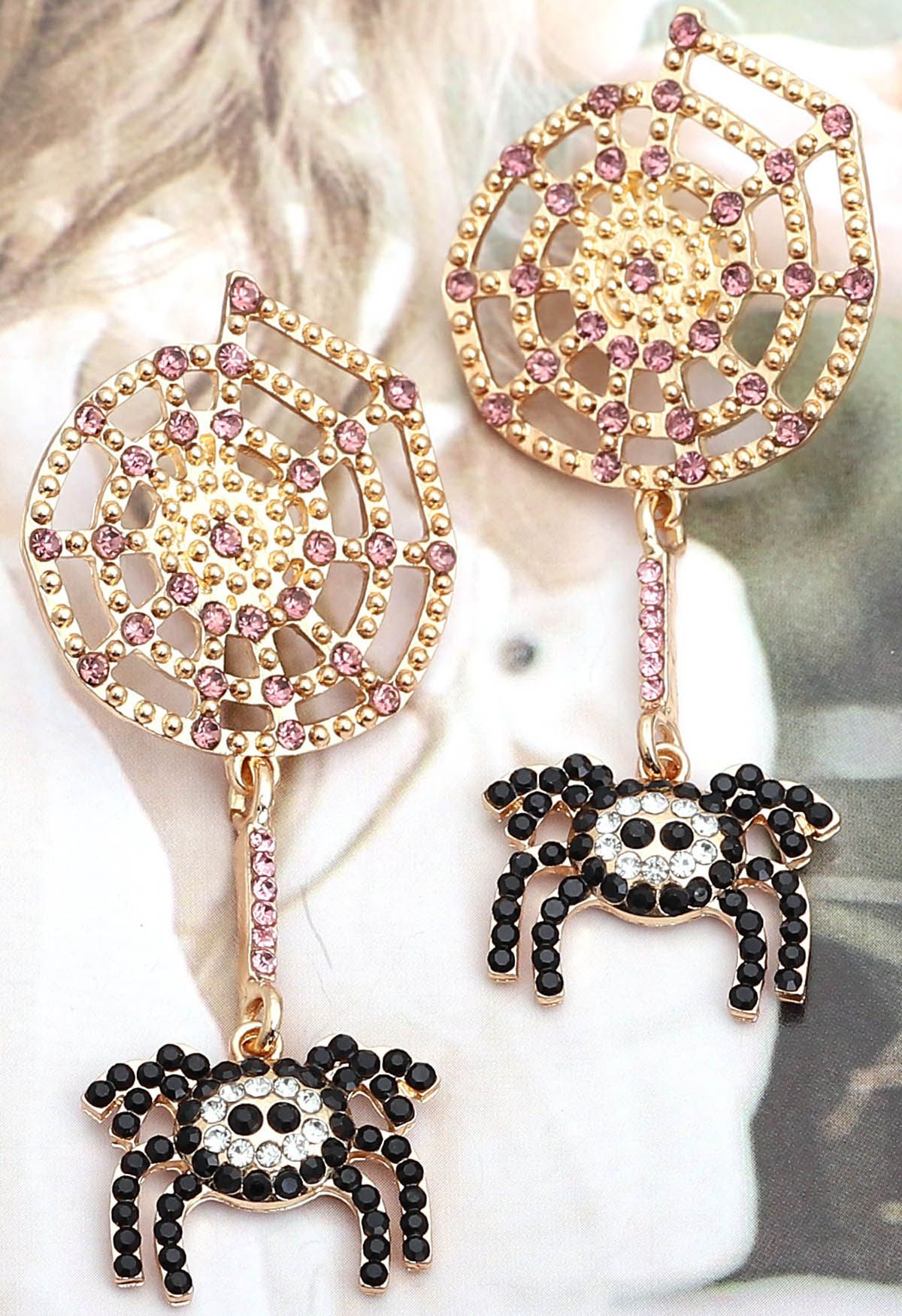 Black Spider and Cobweb Rhinestone Earrings