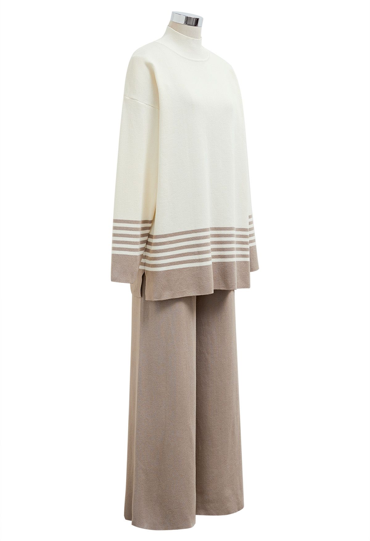 Two-Tone Striped Mock Neck Knit Sweater and Pants Set in Taupe