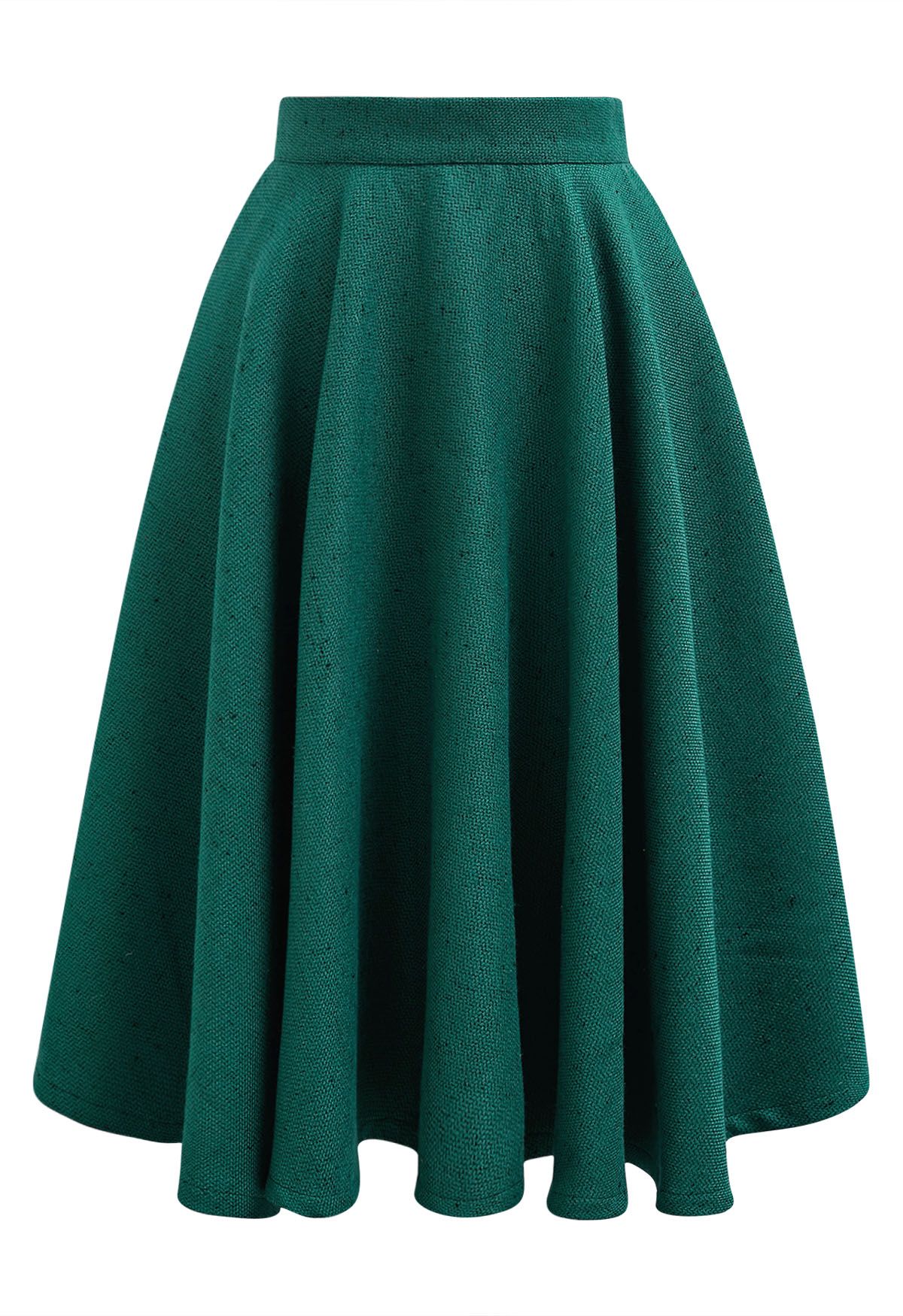 Autumn Edit Soft Tweed Flare Midi Skirt in Dark Green