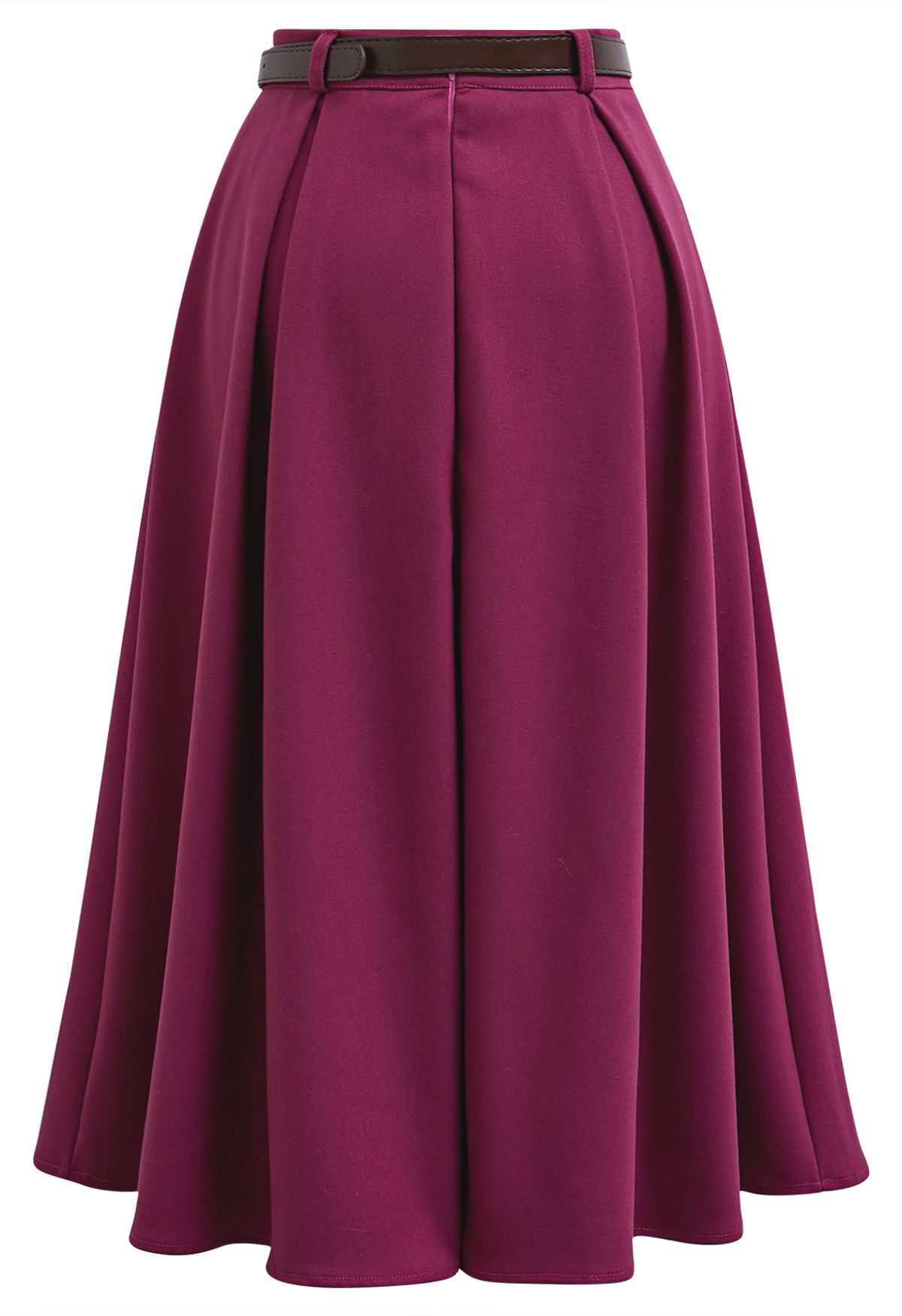 Vintage-Inspired Button Trim Pleated Midi Skirt in Berry